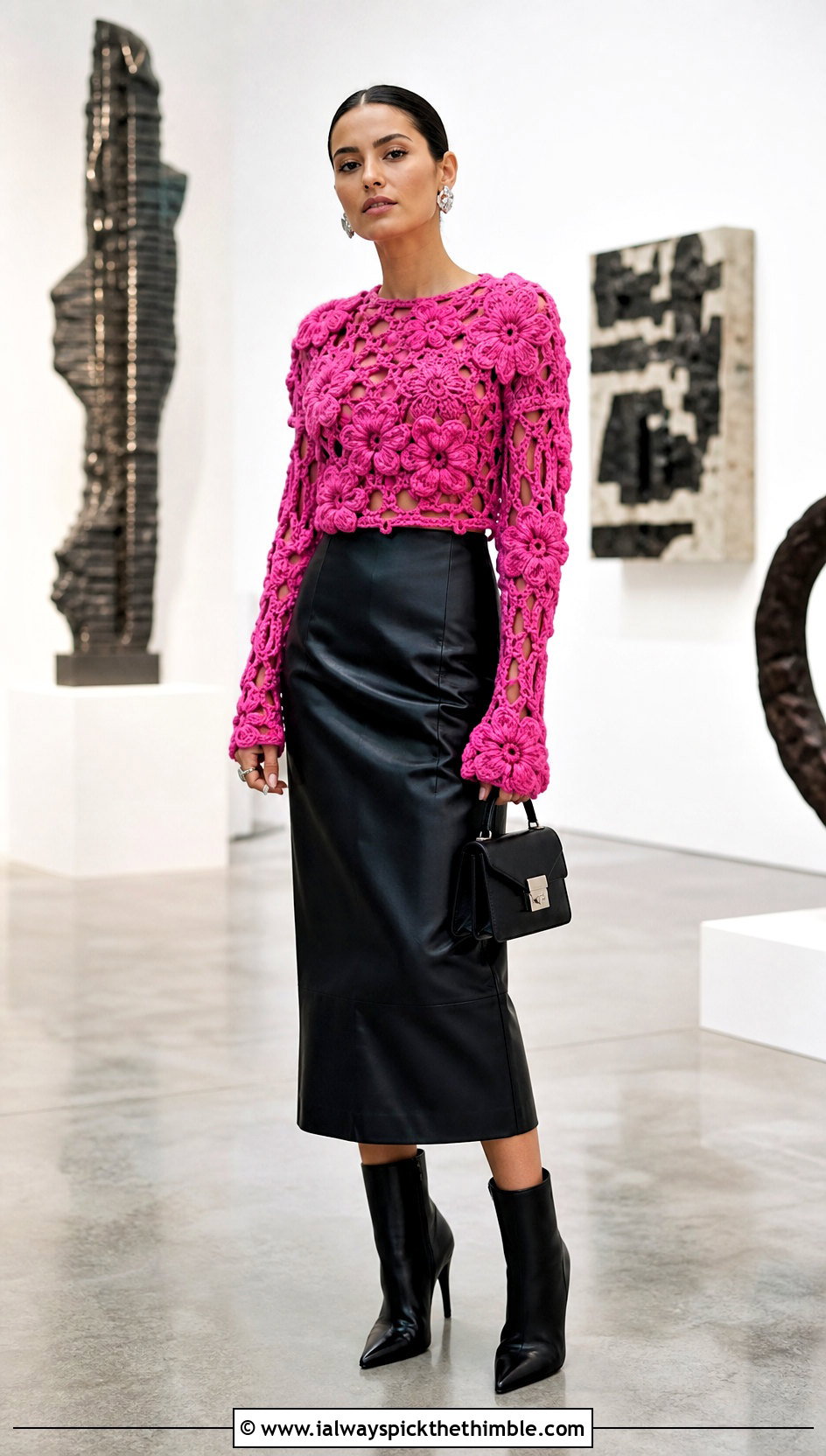 Floral Applique Crochet Long Sleeve Top With Leather Skirt - 20 Crochet Flower Top Long Sleeve outfit ideas