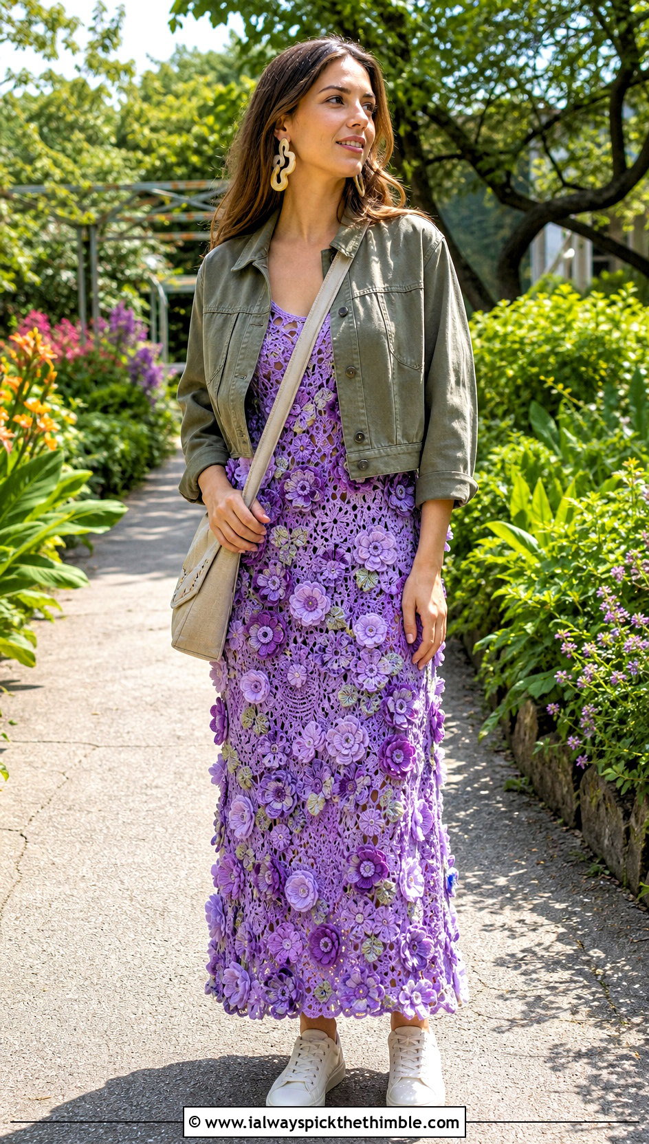 Floral Applique Crochet Maxi Dress With Utility Jacket - 15 Spring Style Crochet Dress outfit ideas