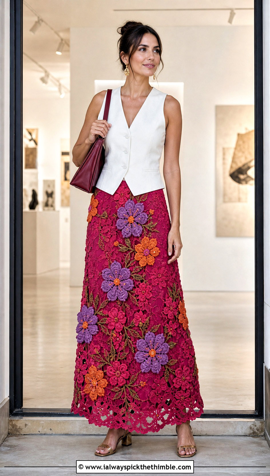 Floral Applique Crochet Maxi Skirt With Vest Top - 15 colorful crochet skirt designs outfit ideas