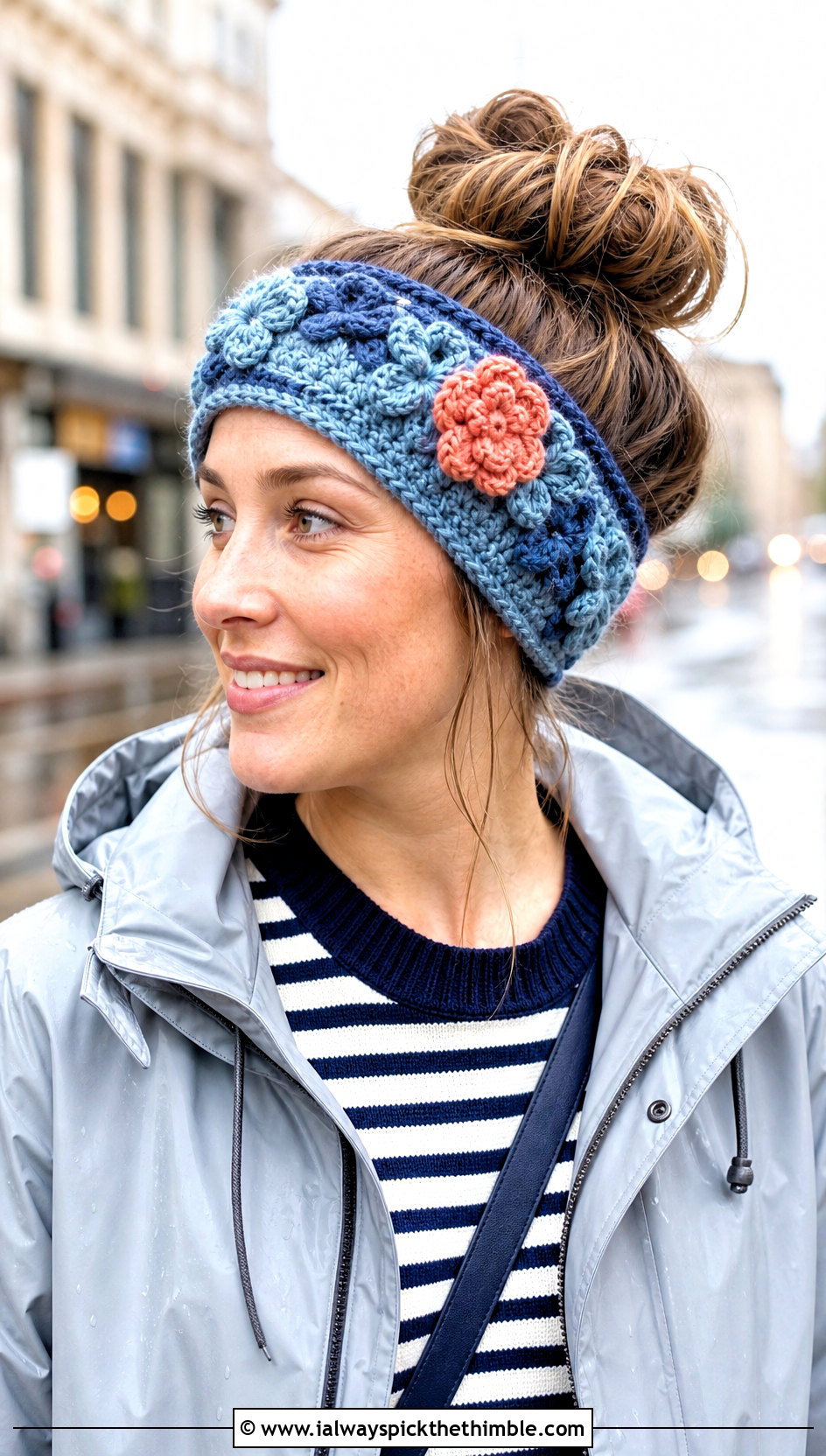 Floral Applique Crochet Messy Bun Ear Warmer With Raincoat - 20 Crochet Messy Bun Ear Warmer outfit ideas