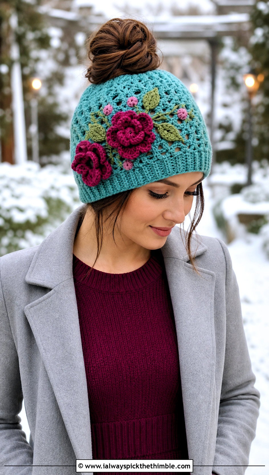 Floral Applique Crochet Messy Bun Hat With Sweater Dress - 15 Easy Crochet Messy Bun Hat outfit ideas