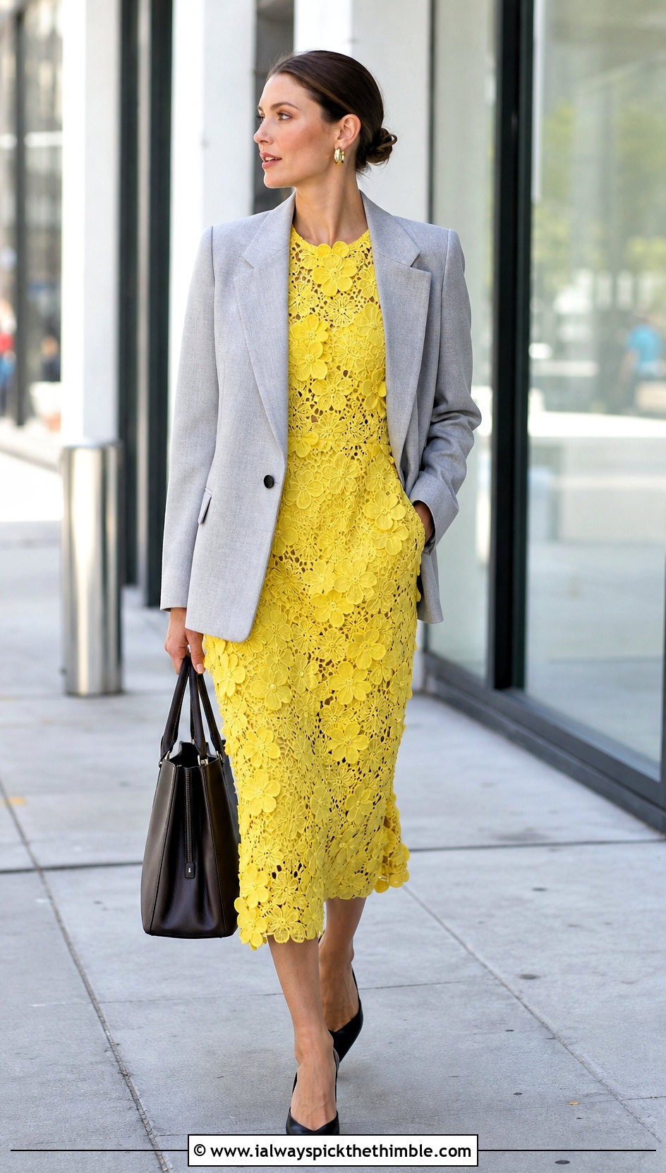 Floral Applique Crochet Midi Dress With Tailored Blazer - 25 Crochet Flower Dress outfit ideas