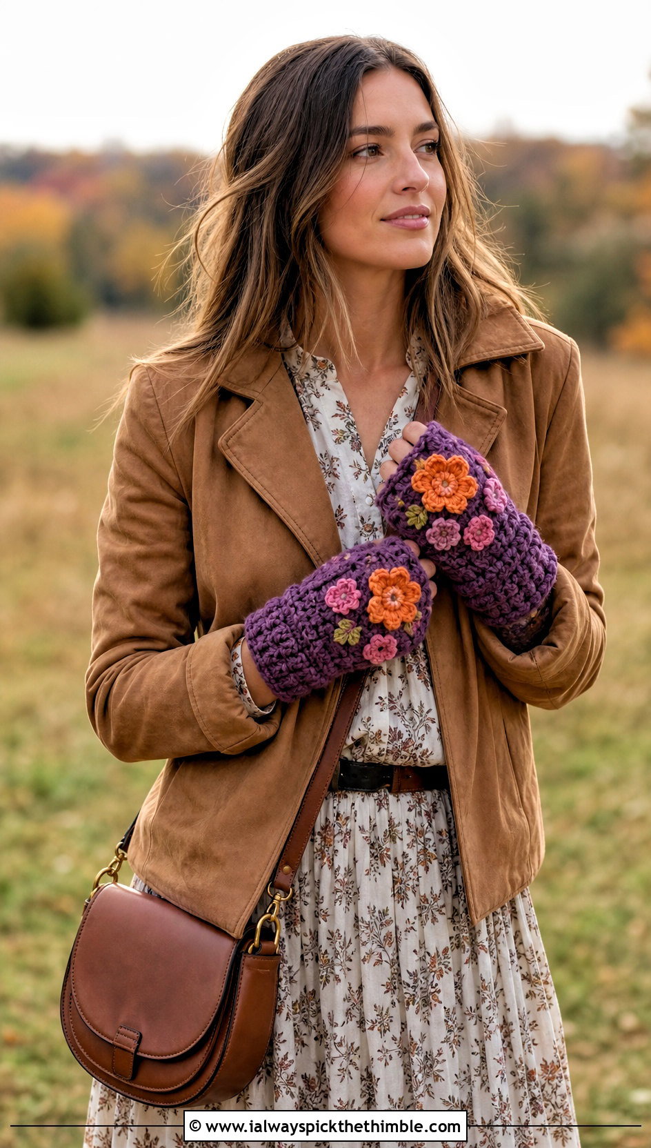 Floral Applique Crochet Mittens With A Prairie Dress - 15 vintage crochet mitten outfit ideas