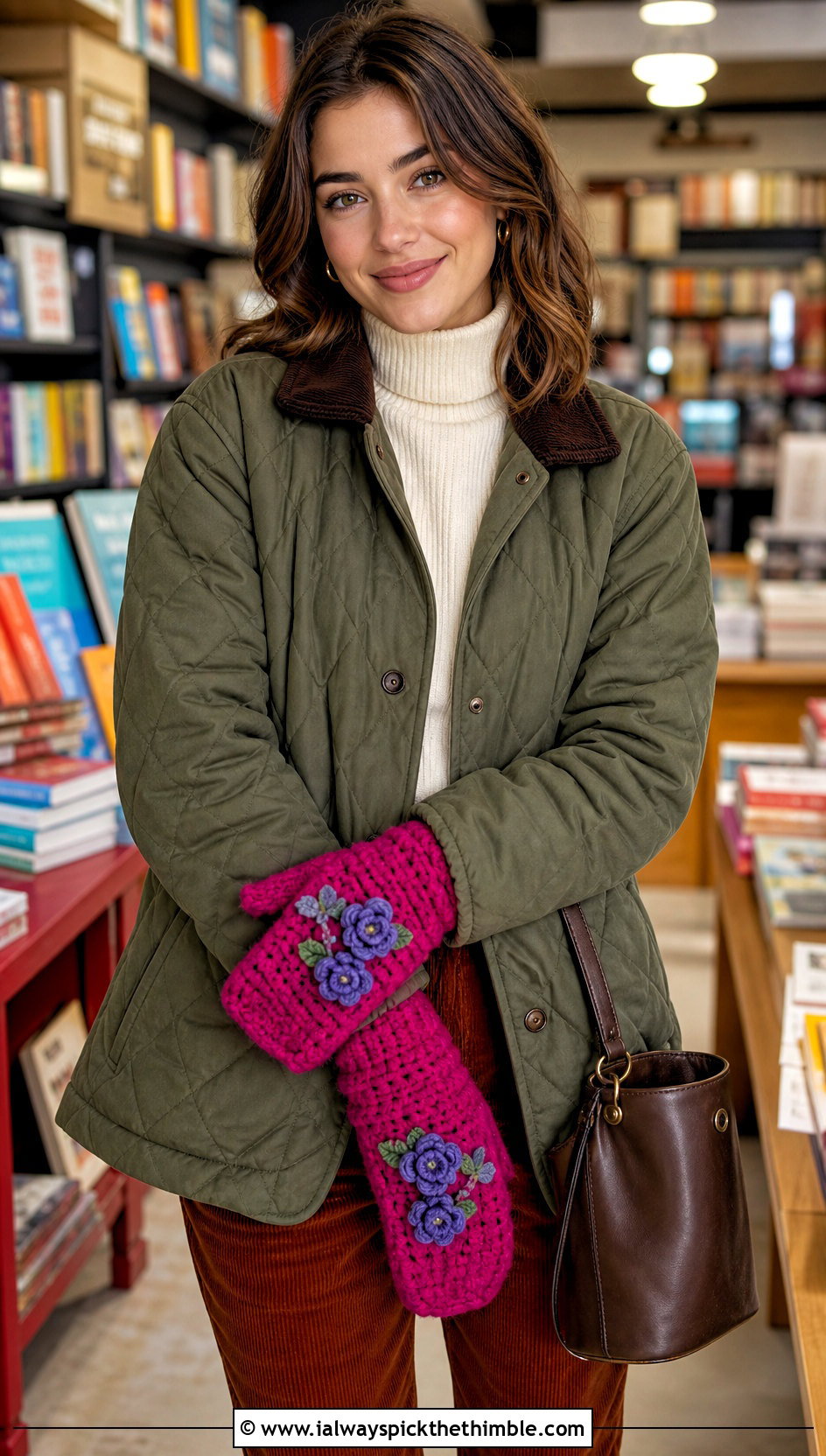 Floral Applique Crochet Mittens With Quilted Jacket And Corduroy Pants - 20 quick crochet mittens outfit ideas