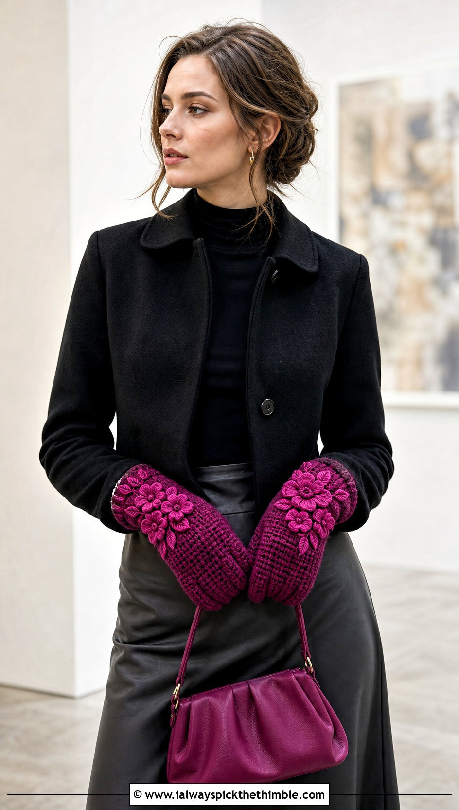 Floral Applique Crochet Mittens With Satin Skirt - 20 women crochet mittens outfit ideas