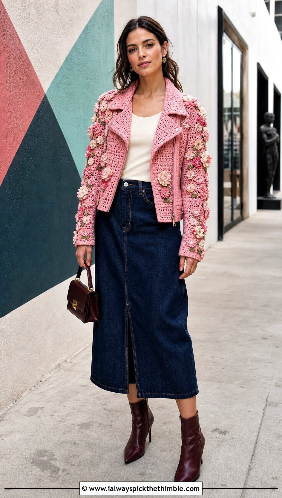 Floral Applique Crochet Moto Jacket With Denim Midi Skirt - 20 crochet jacket with zipper outfit ideas