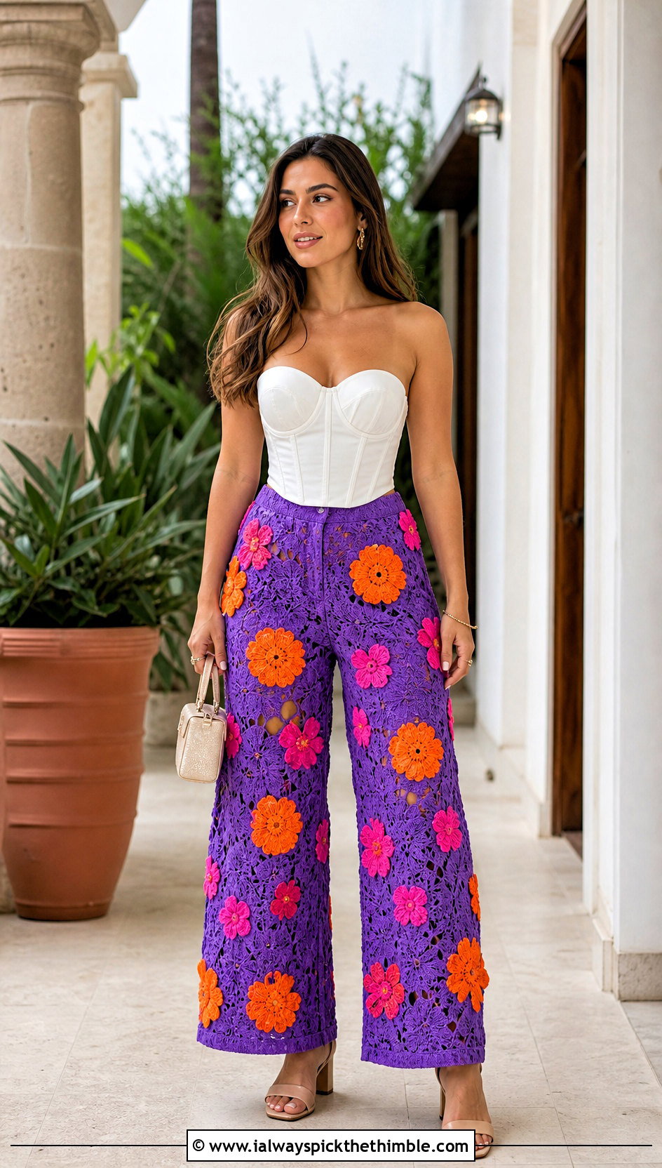 Floral Applique Crochet Palazzo Pants With Corset Style Top - 20 crochet palazzo pants outfit ideas