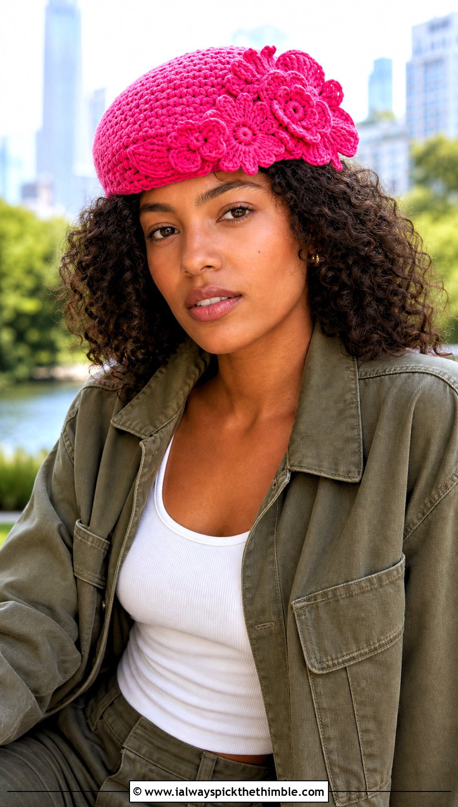 Floral Applique Crochet Pillbox Hat With Utility Jacket And Cargo Pants - 20 crochet pillbox hat outfit ideas