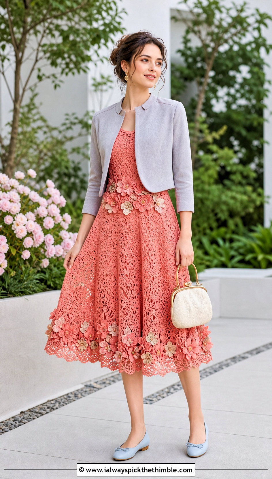 Floral Applique Crochet Princess Dress With Ballet Flats - 25 crochet princess dress outfit ideas