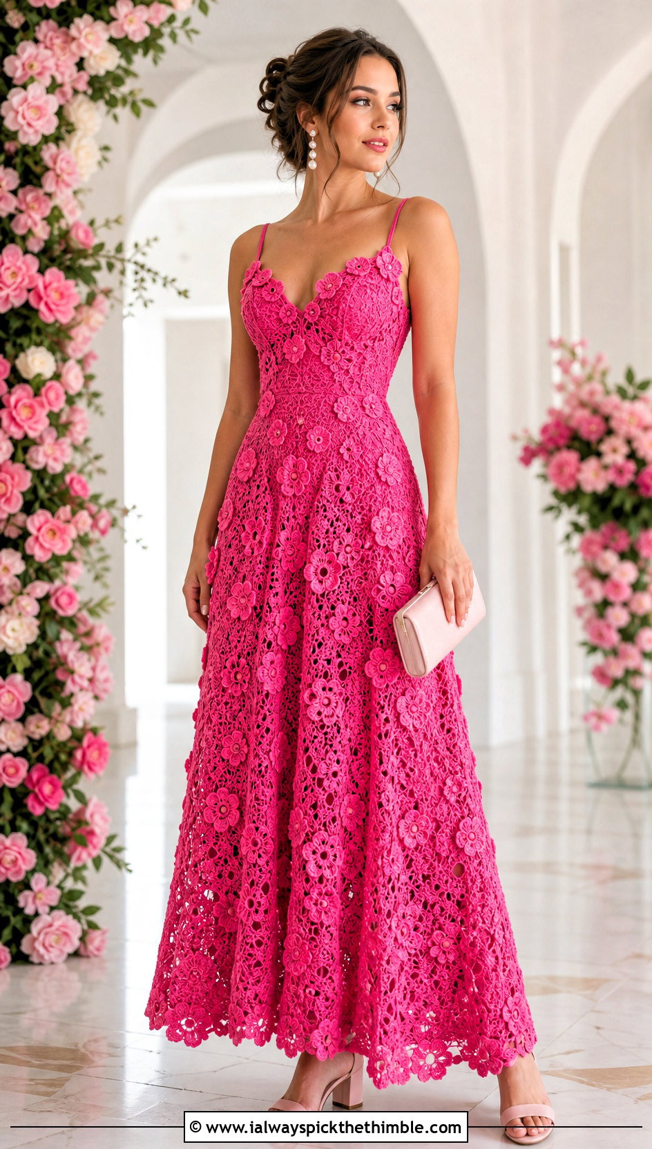 Floral Applique Crochet Prom Dress With Pearl Jewelry - 20 Prom Crochet Dress outfit ideas
