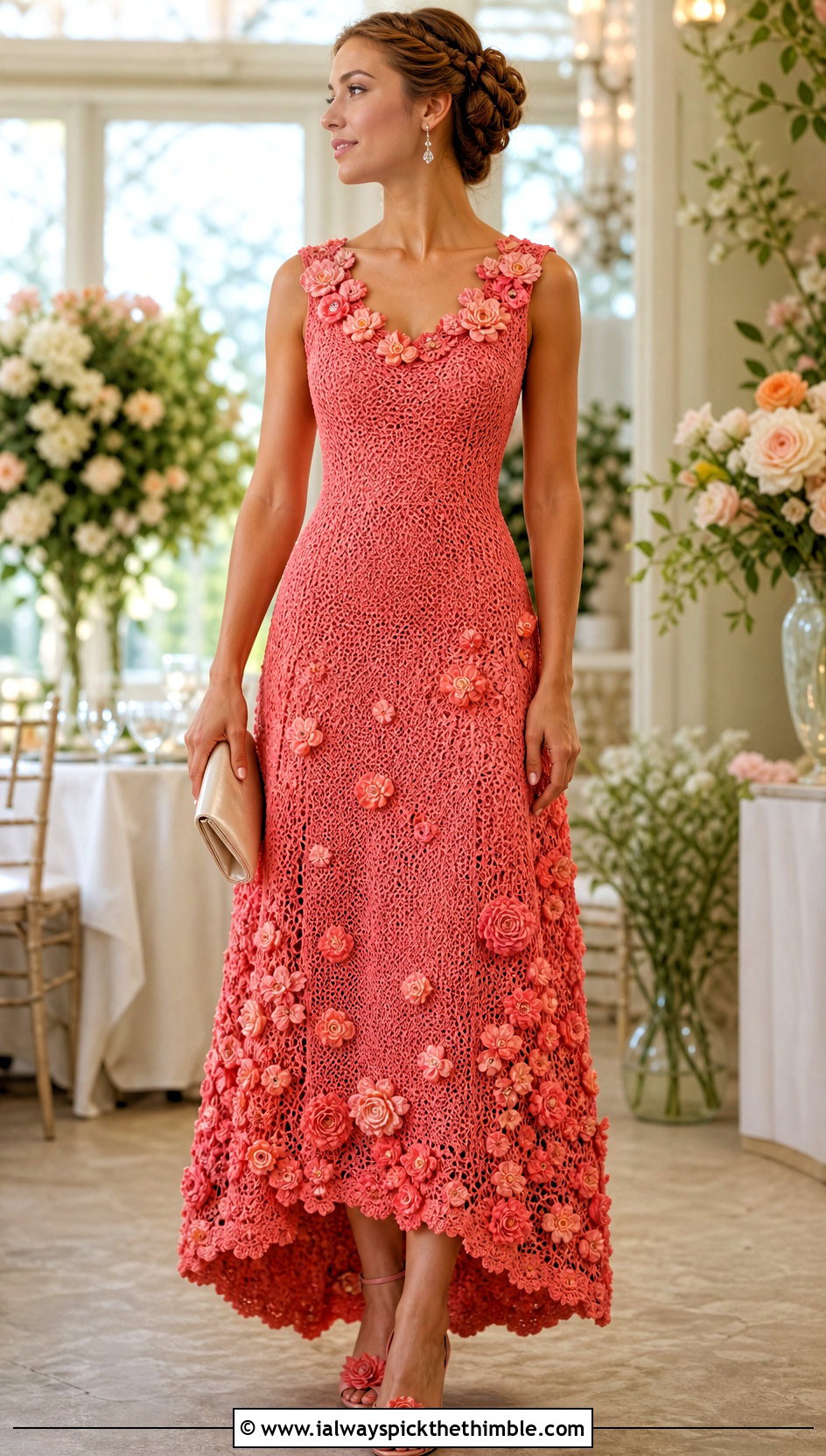 Floral Applique Crochet Prom Dress With Rosette Heels - 20 Crochet Prom Dress outfit ideas