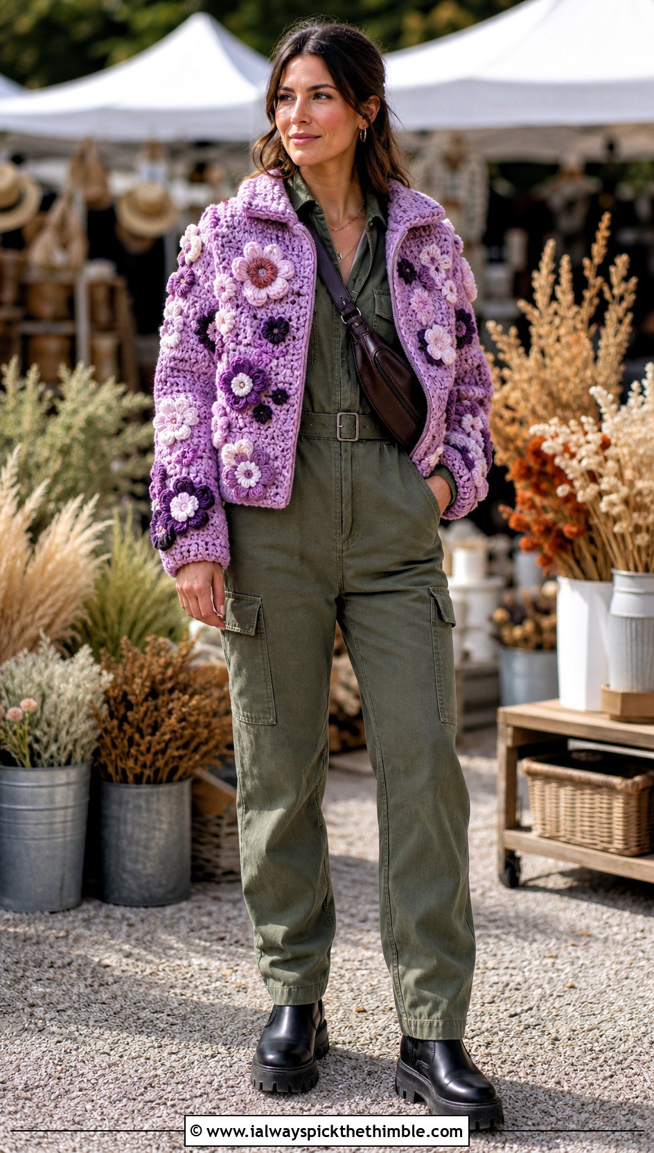 Floral Applique Crochet Puffer Jacket With Utility Jumpsuit - 25 crochet puffer jacket outfit ideas