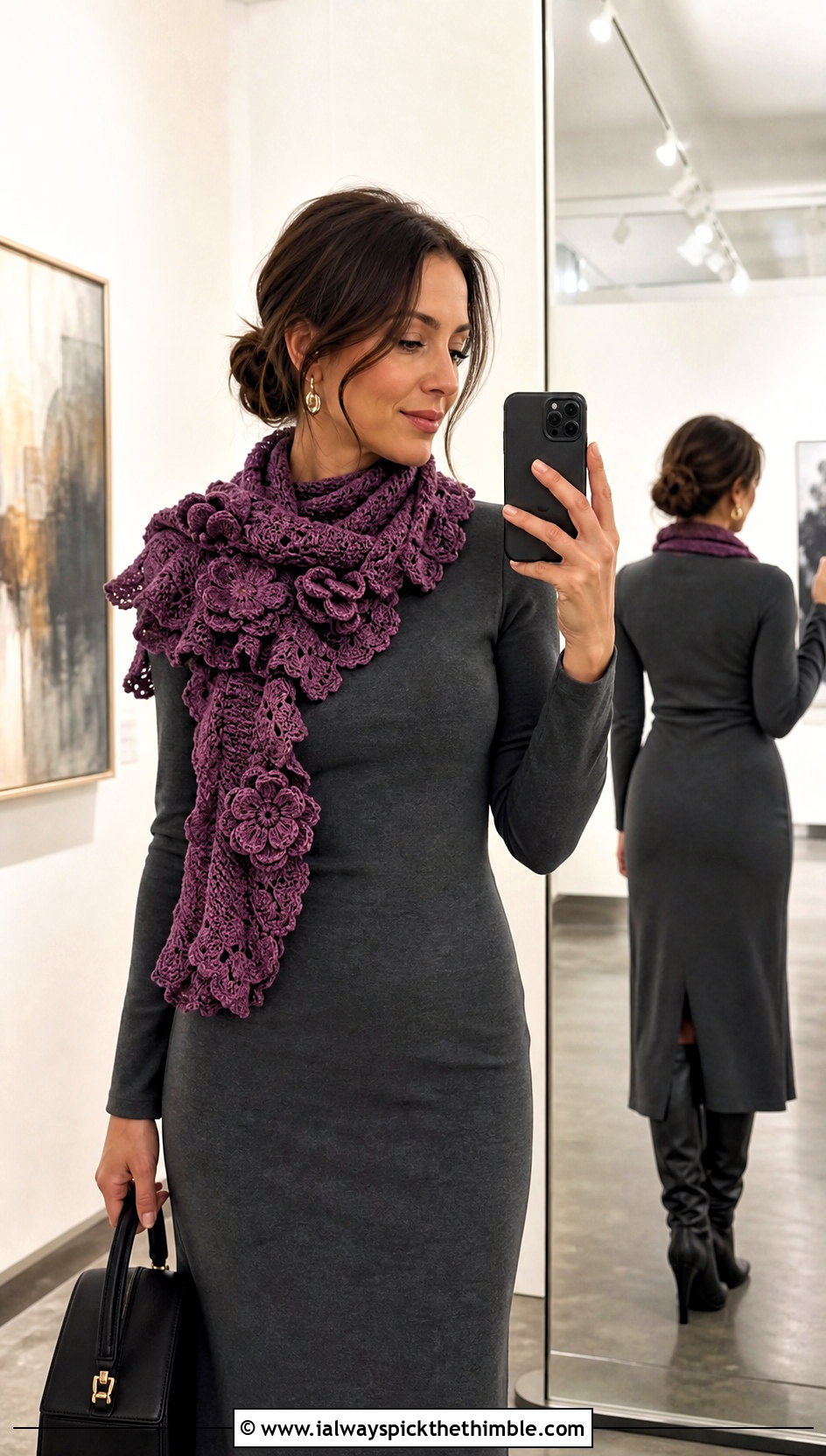 Floral Applique Crochet Ruffle Scarf With Minimal Dress And Boots - 20 crochet ruffle scarf outfit ideas