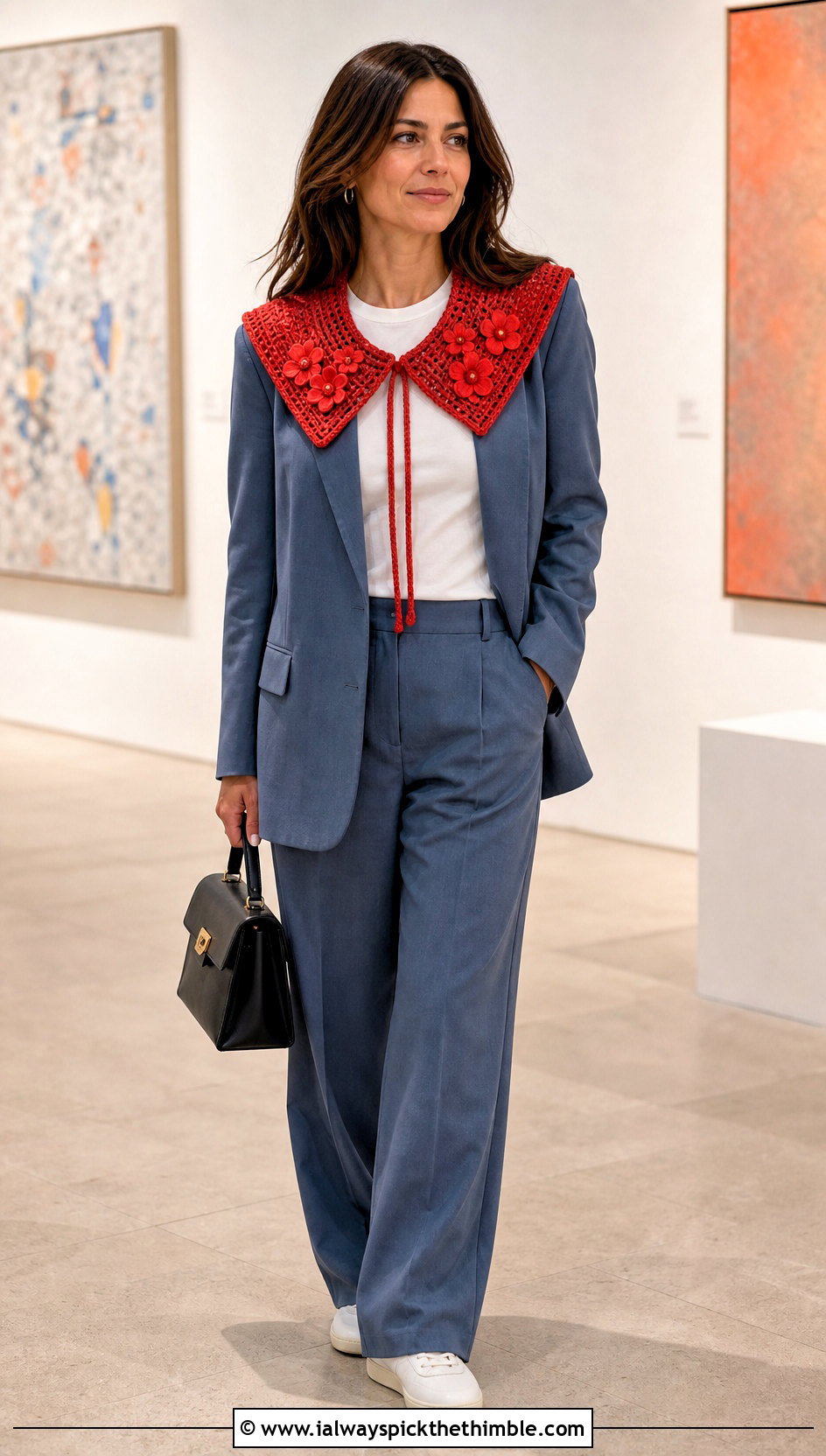 Floral Applique Crochet Sailor Collar With Suit And Sneakers - 20 crochet sailor collar outfit ideas