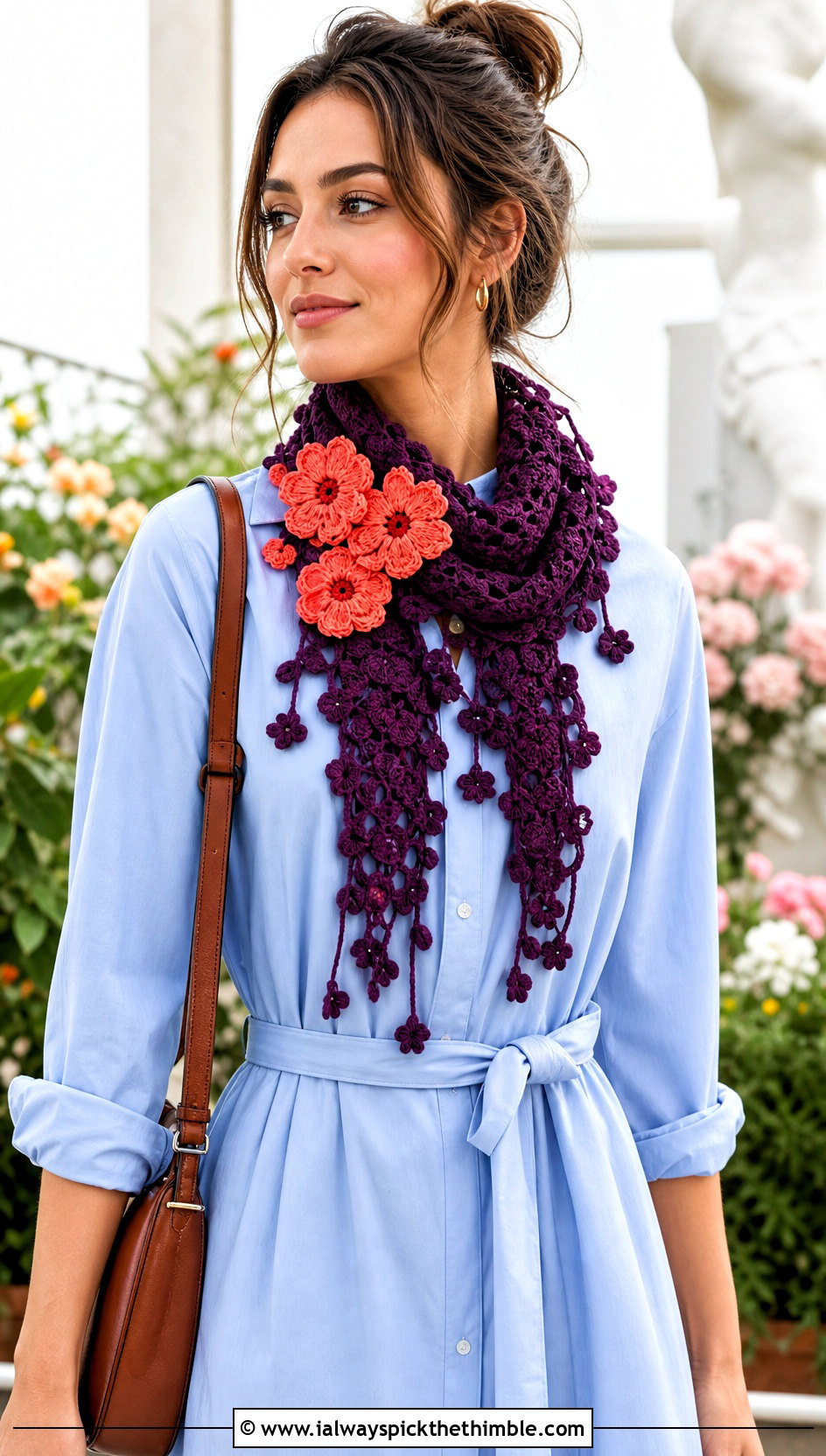 Floral Applique Crochet Sally Scarf With Shirt Dress And Knee Boots - 20 Crochet Sally Scarf outfit ideas