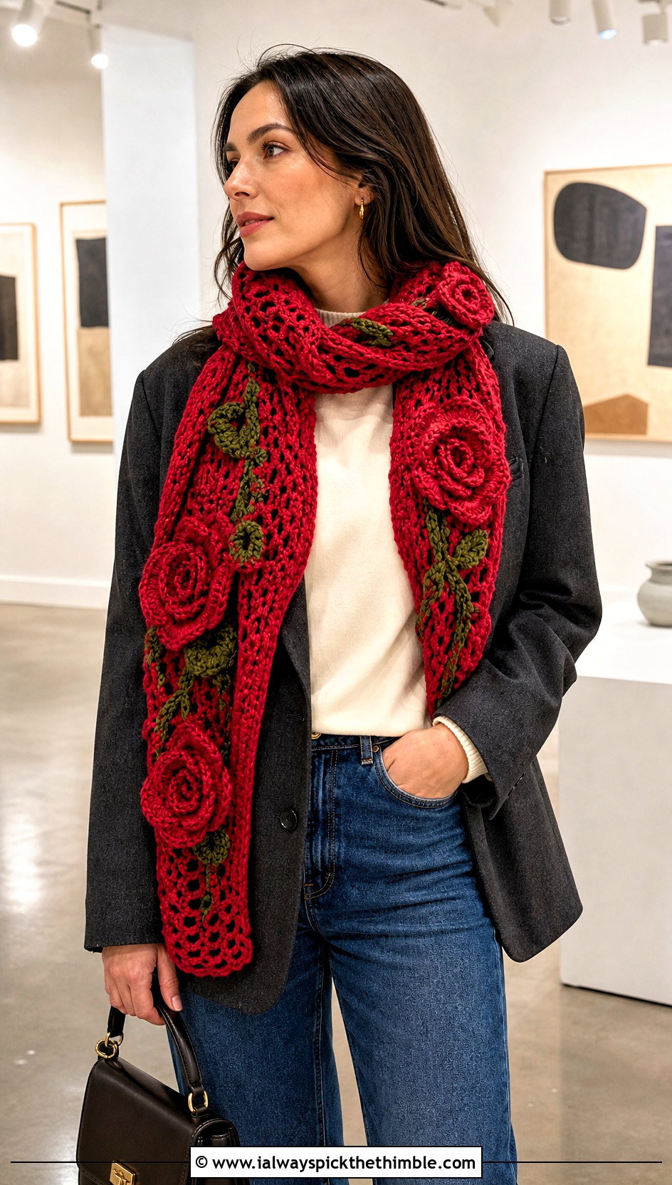 Floral Applique Crochet Scarf With Blazer And Jeans - 25 beginner crochet scarf outfit ideas
