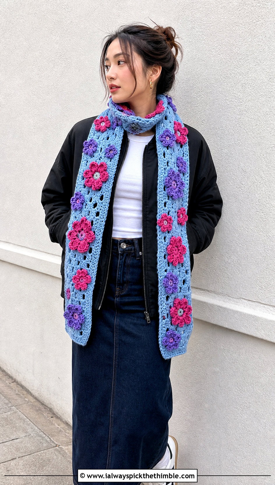 Floral Applique Crochet Scarf With Bomber Jacket - 20 Beautiful Crochet Scarf outfit ideas