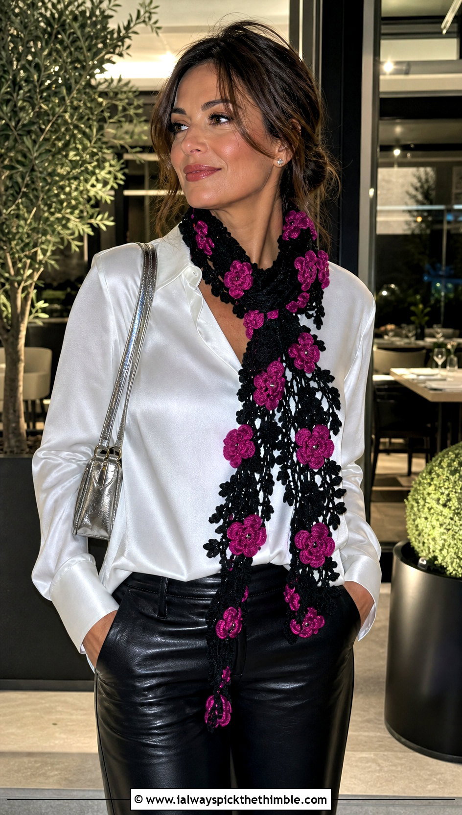 Floral Applique Crochet Scarf With Leather Pants - 20 unique crochet scarf outfit ideas
