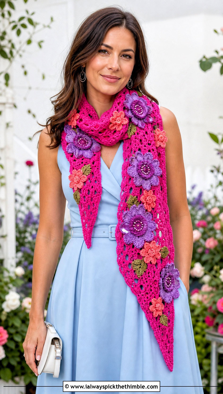 Floral Applique Crochet Scarf With Midi Dress - 25 easy crochet scarf outfit ideas