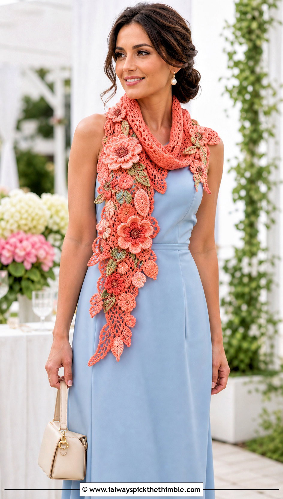 Floral Applique Crochet Scarf With Midi Dress - 25 cute crochet scarf outfit ideas