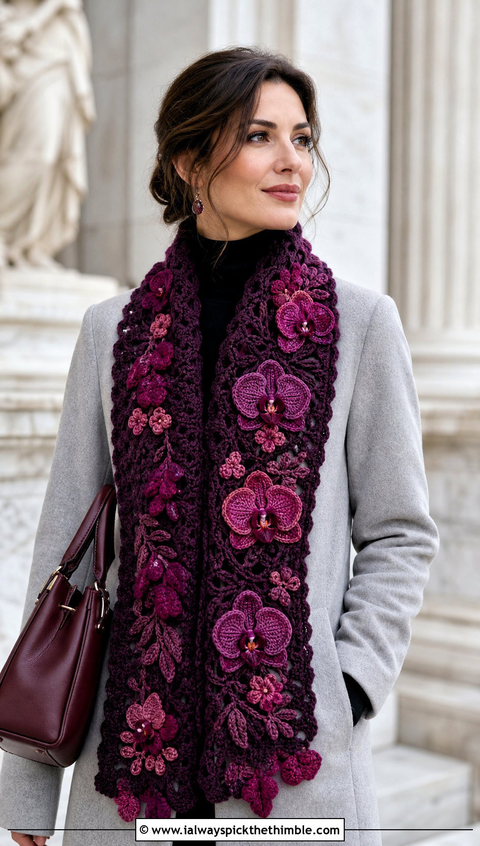 Floral Applique Crochet Scarf With Minimalist Coat And Boots - 15 elegant crochet scarf design outfit ideas