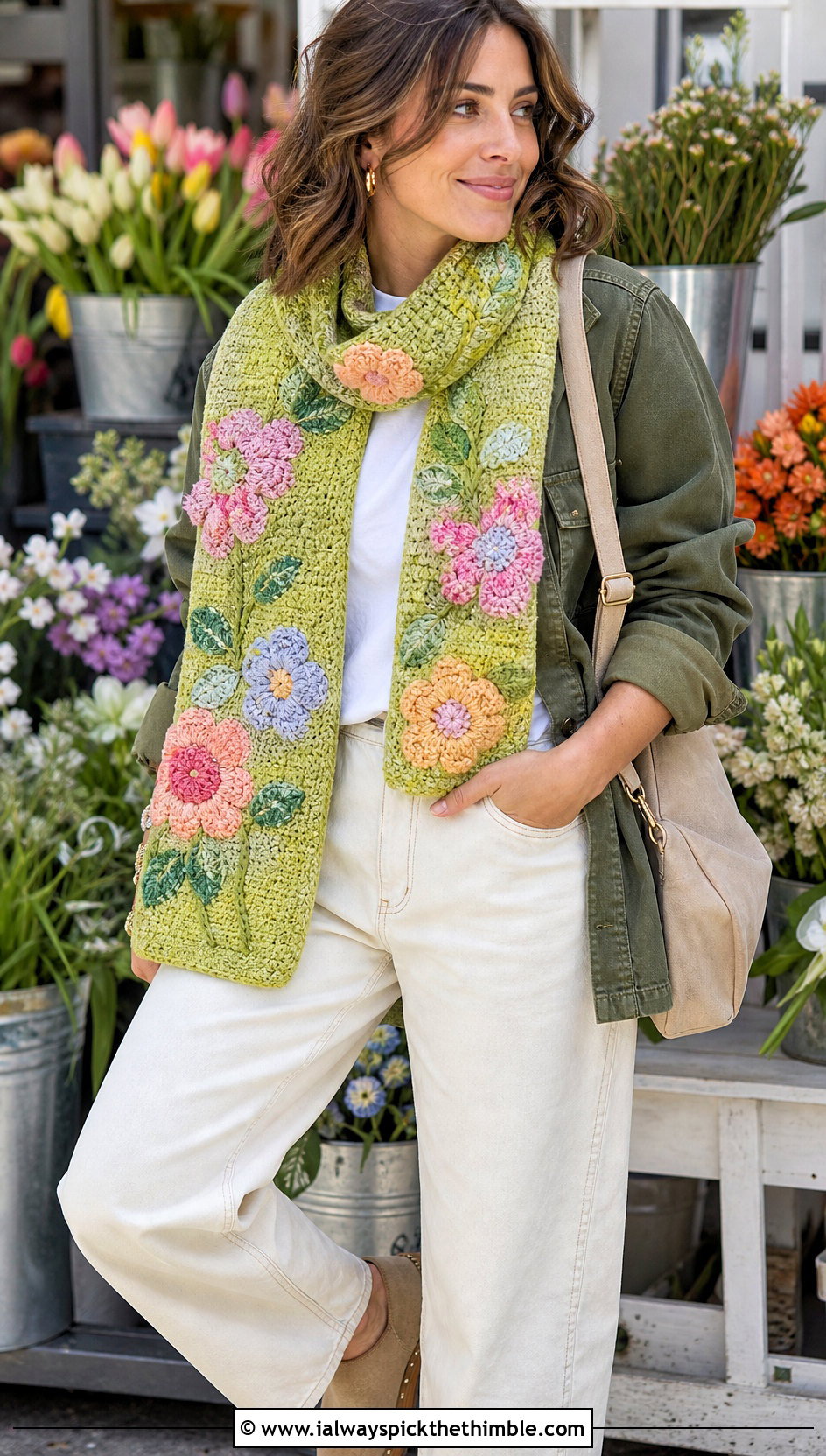Floral Applique Crochet Scarf With Utility Jacket - 25 fun crochet scarf outfit ideas