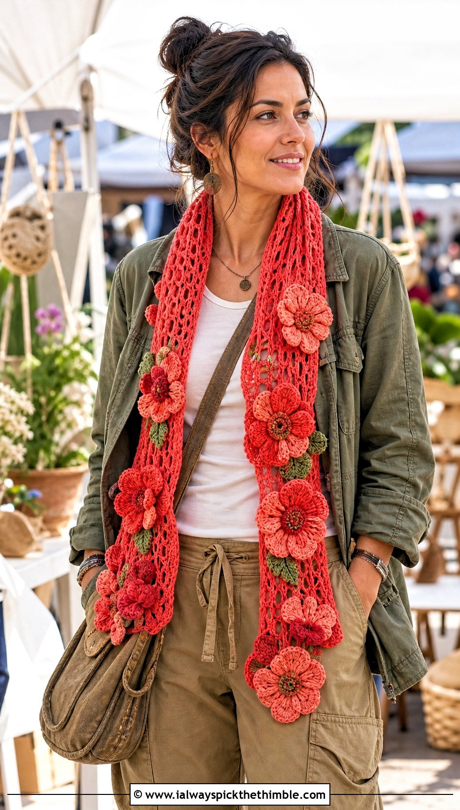 Floral Applique Crochet Scarf With Utility Jacket - 20 crochet scarf design ideas