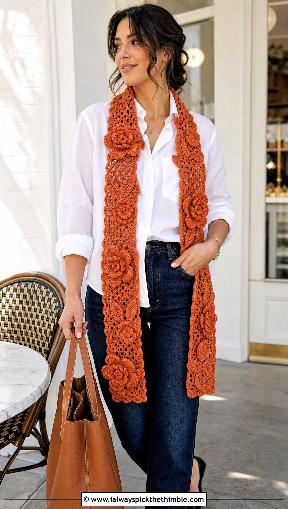 Floral Applique Crochet Scarf With White Shirt - 20 Multifunctional Crochet Scarf outfit ideas