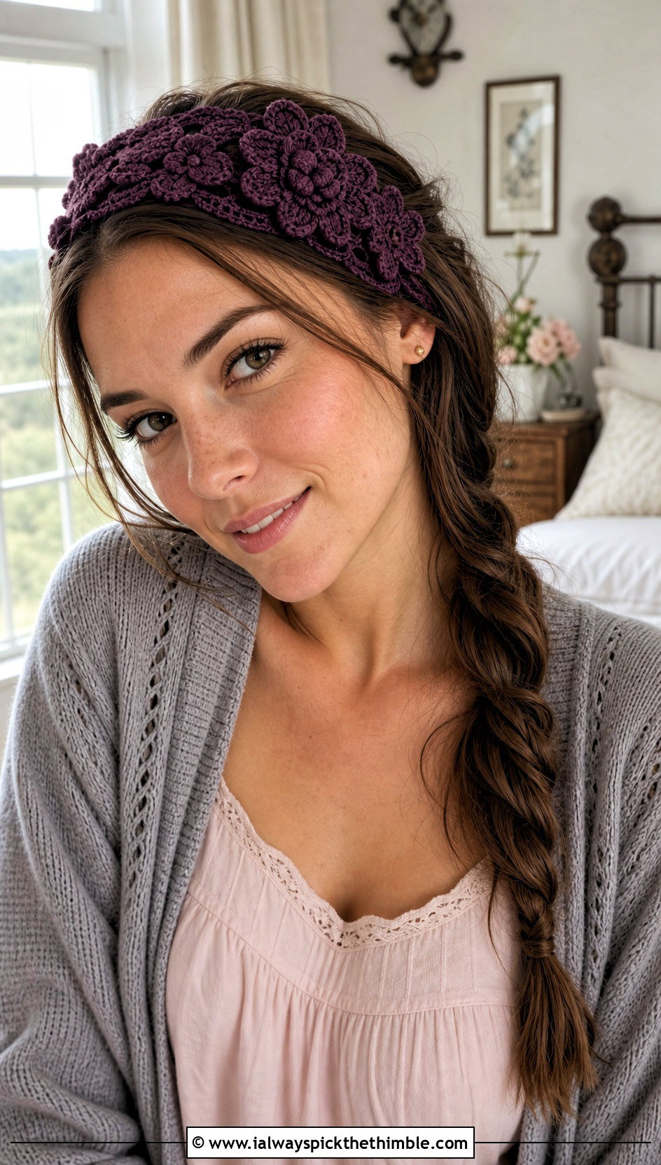 Floral Applique Crochet Skincare Headband With Cotton Nightdress - 15 Crochet Skincare Headband outfit ideas