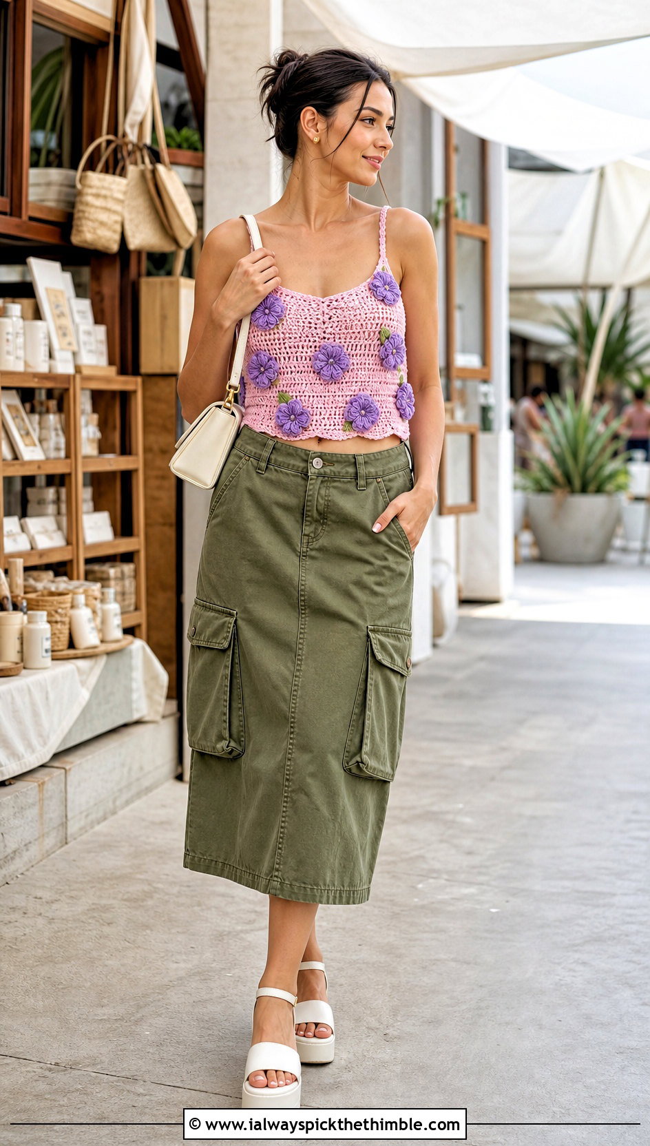 Floral Applique Crochet Strappy Top With Utility Skirt - 15 crochet strappy top outfit ideas