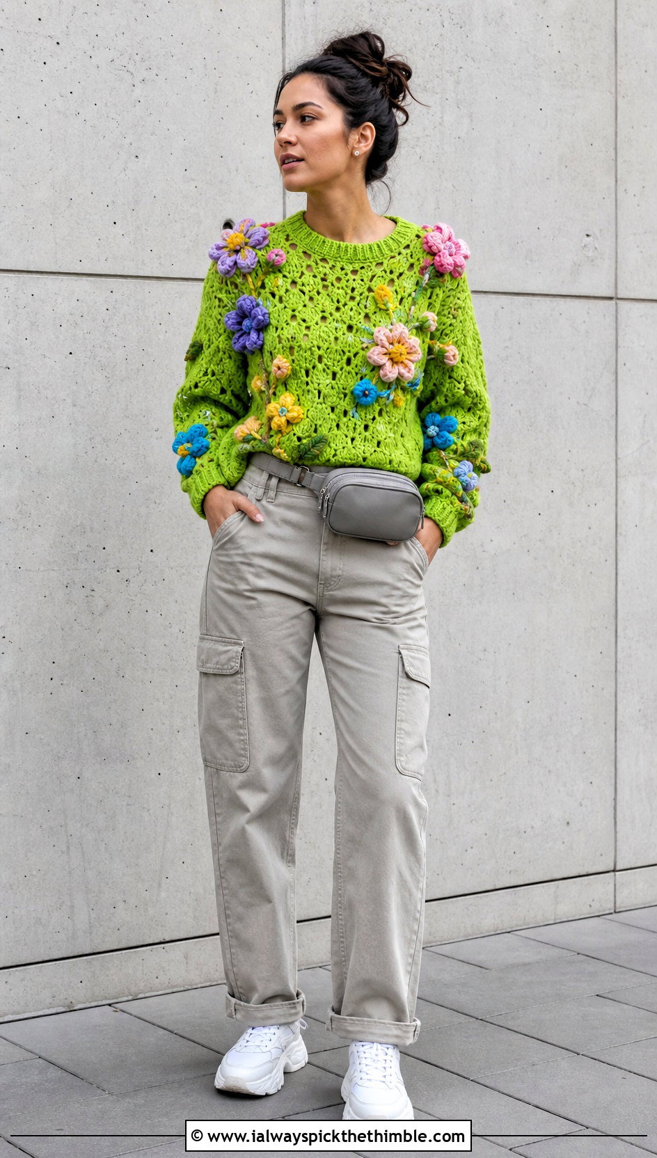 Floral Applique Crochet Sweater With Cargo Pants - 25 cute crochet sweater outfit ideas