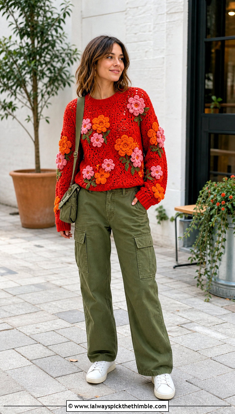 Floral Applique Crochet Sweater With Cargo Pants - 20 Colorful Crochet Sweater Ideas