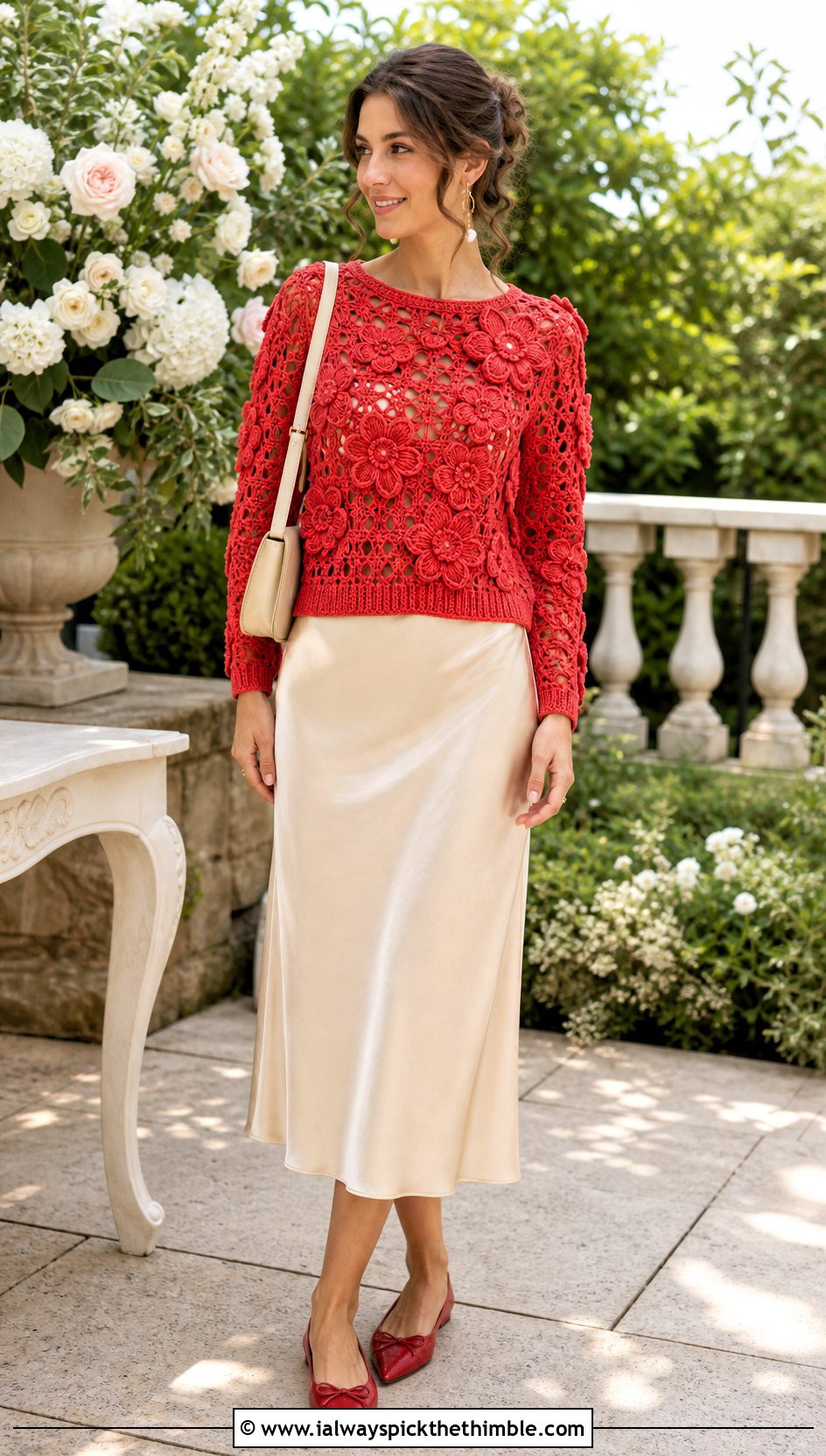 Floral Applique Crochet Sweater With Satin Midi Skirt - 20 crochet key sweater outfit ideas