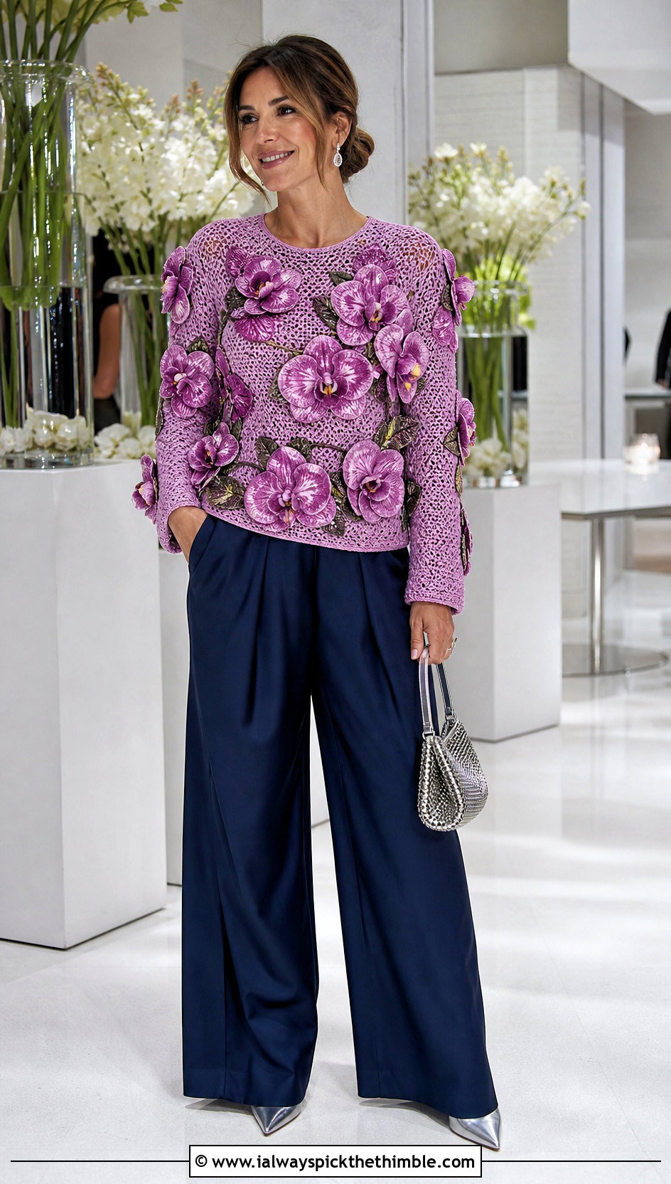 Floral Applique Crochet Sweater With Satin Trousers - 15 Customizable Crochet Sweater Design outfit ideas