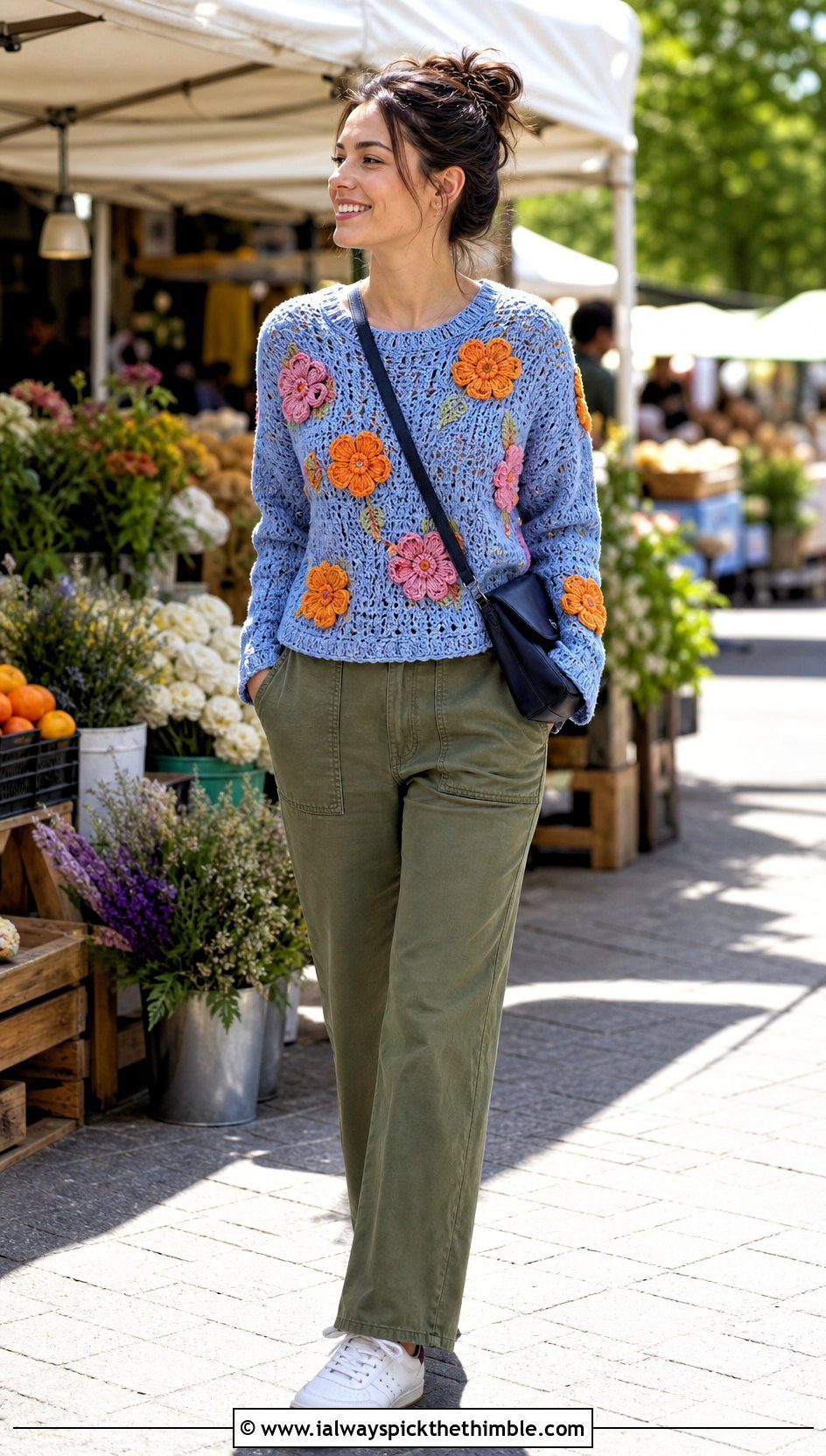 Floral Applique Crochet Sweater With Utility Pants - 20 cozy crochet sweater outfit ideas