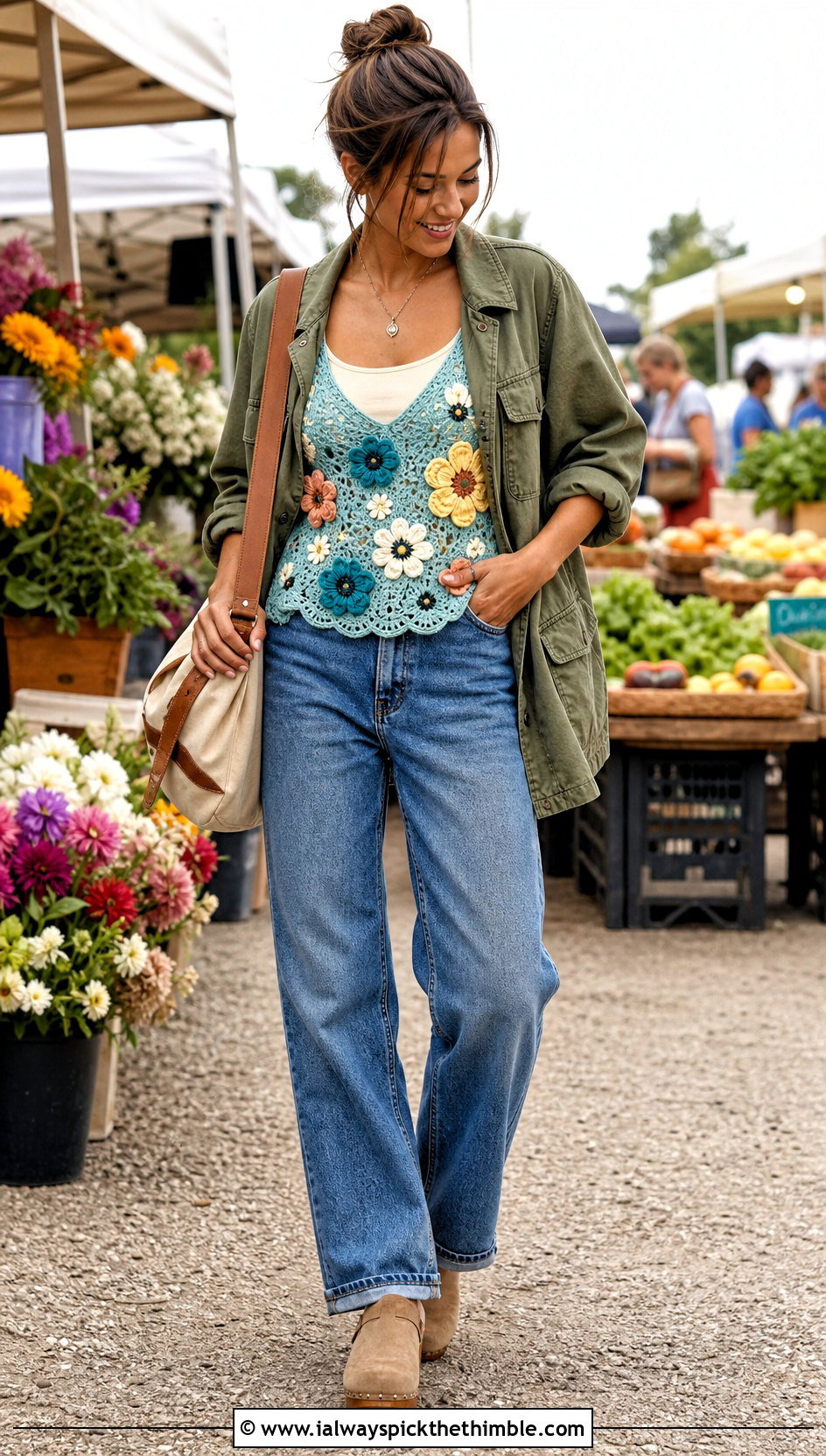 Floral Applique Crochet Top Under A Utility Jacket - 20 Crochet Top Layering Outfit ideas