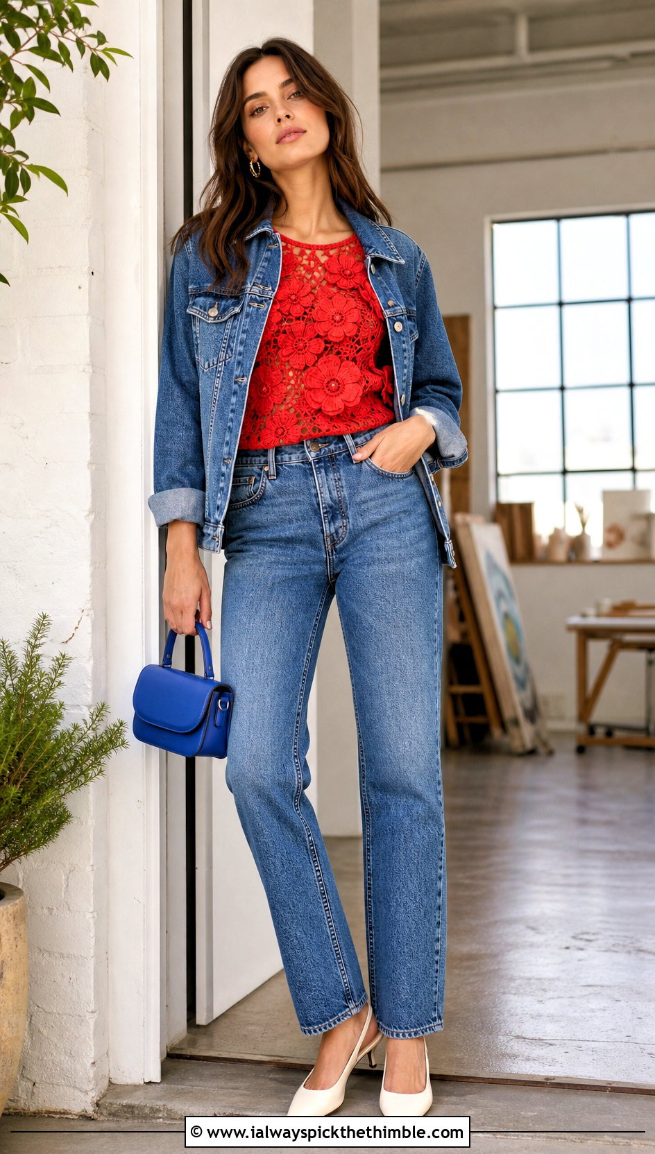 Floral Applique Crochet Top With A Denim Suit - 25 crochet top ideas