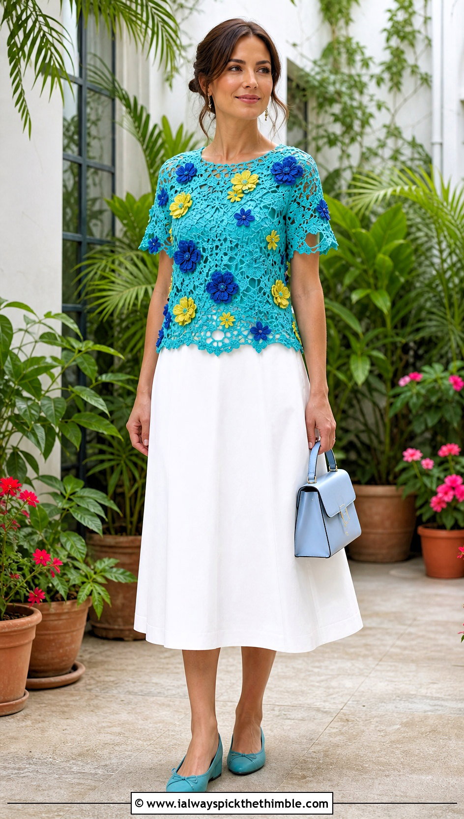 Floral Applique Crochet Top With A Line Skirt - 25 easy crochet tops outfit ideas