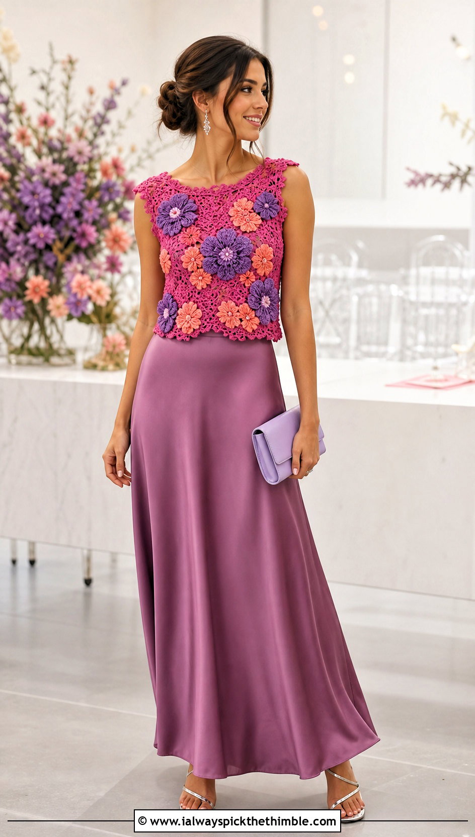 Floral Applique Crochet Top With Satin Maxi Skirt - 25 simple crochet tops outfit ideas
