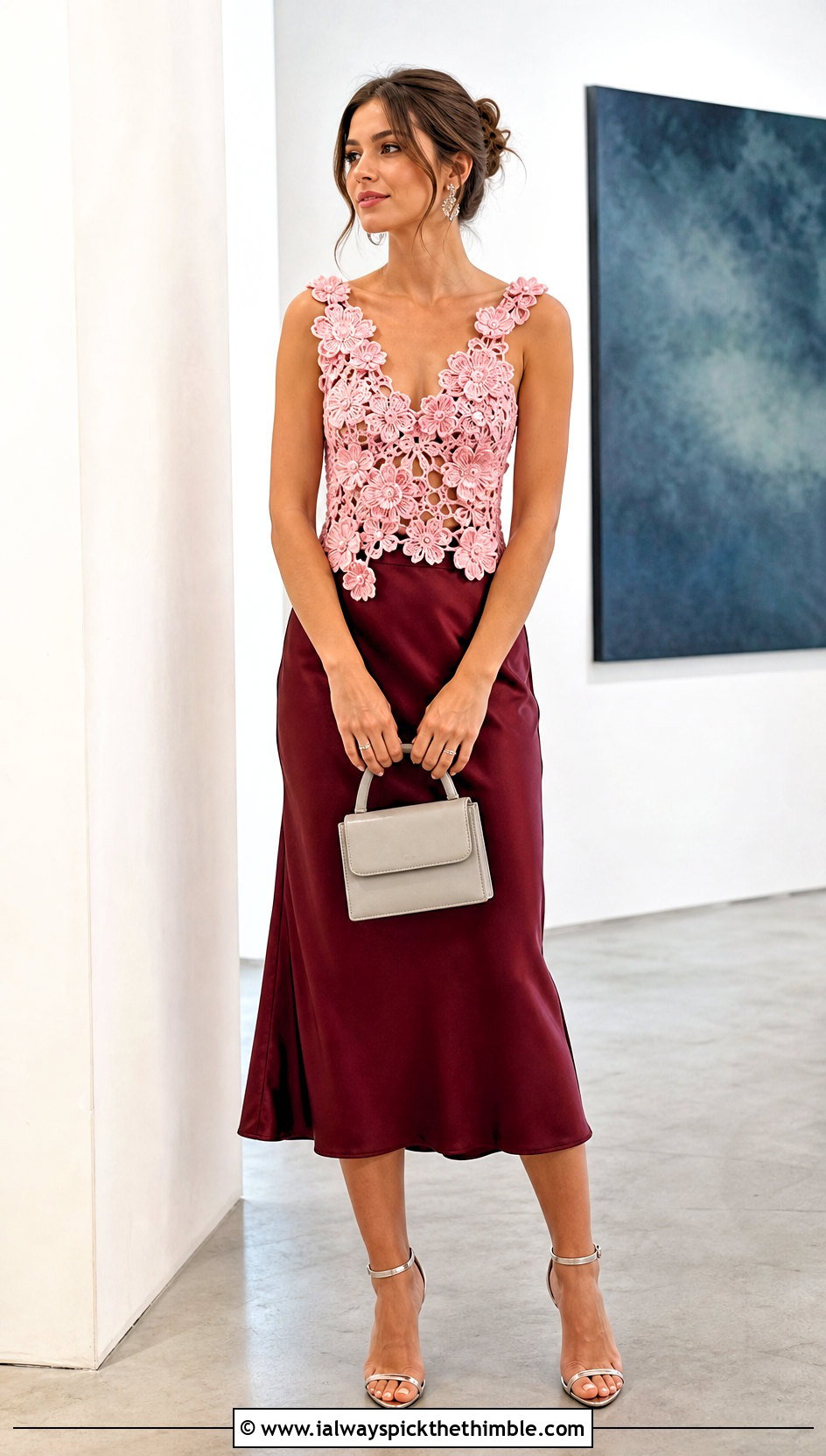 Floral Applique Crochet Top With Satin Midi Skirt - 15 handmade crochet top design outfit ideas