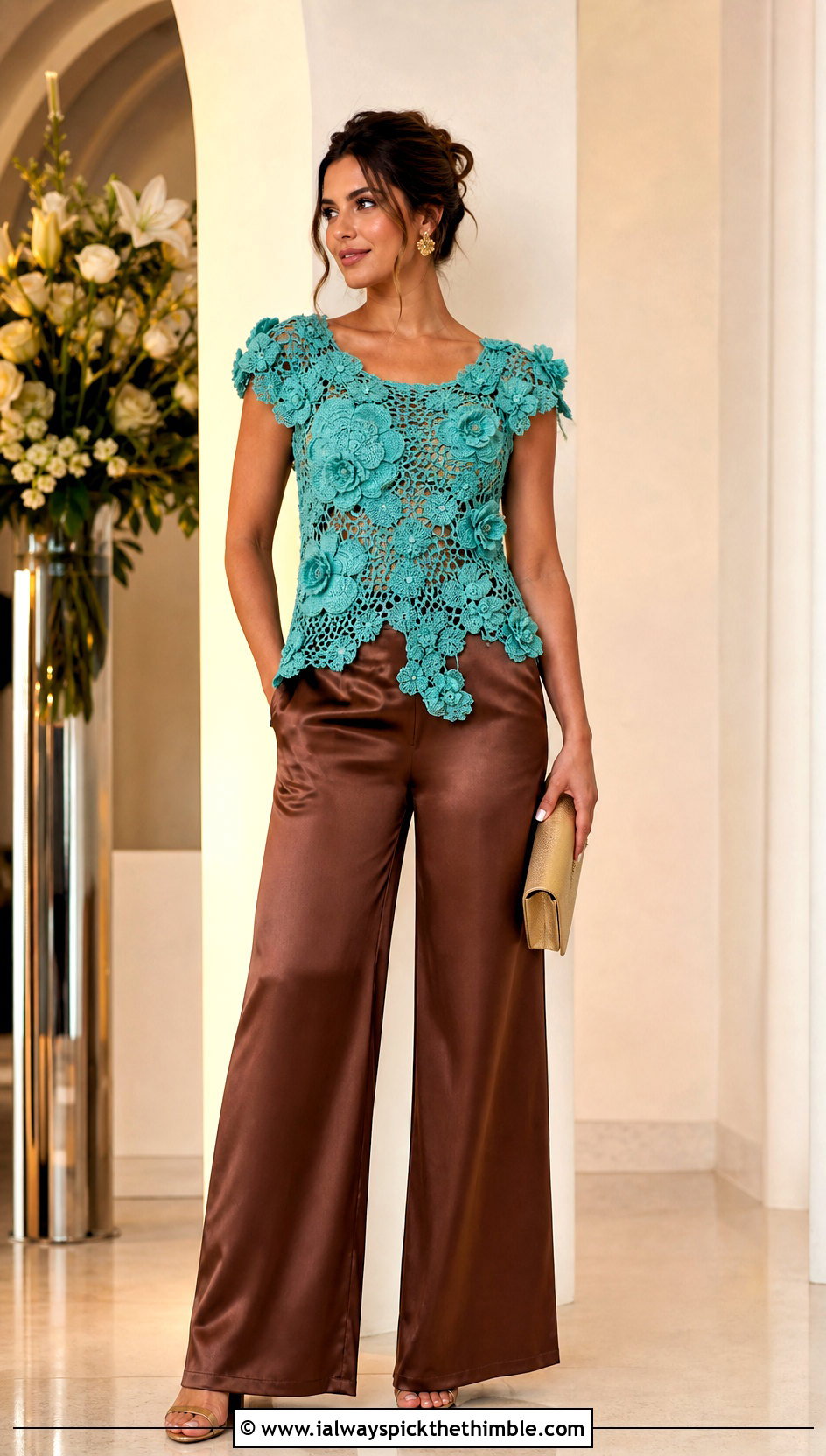 Floral Applique Crochet Top With Satin Trousers - 25 crochet going out top outfit ideas