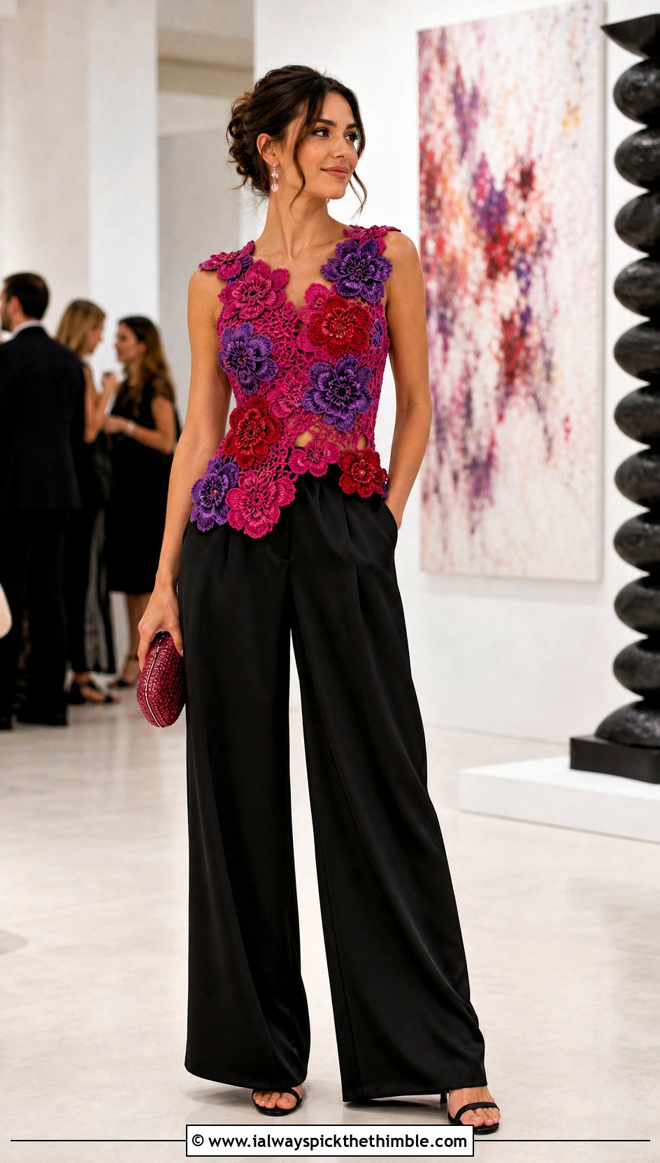 Floral Applique Crochet Top With Silk Trousers - 25 colorful crochet top outfit ideas