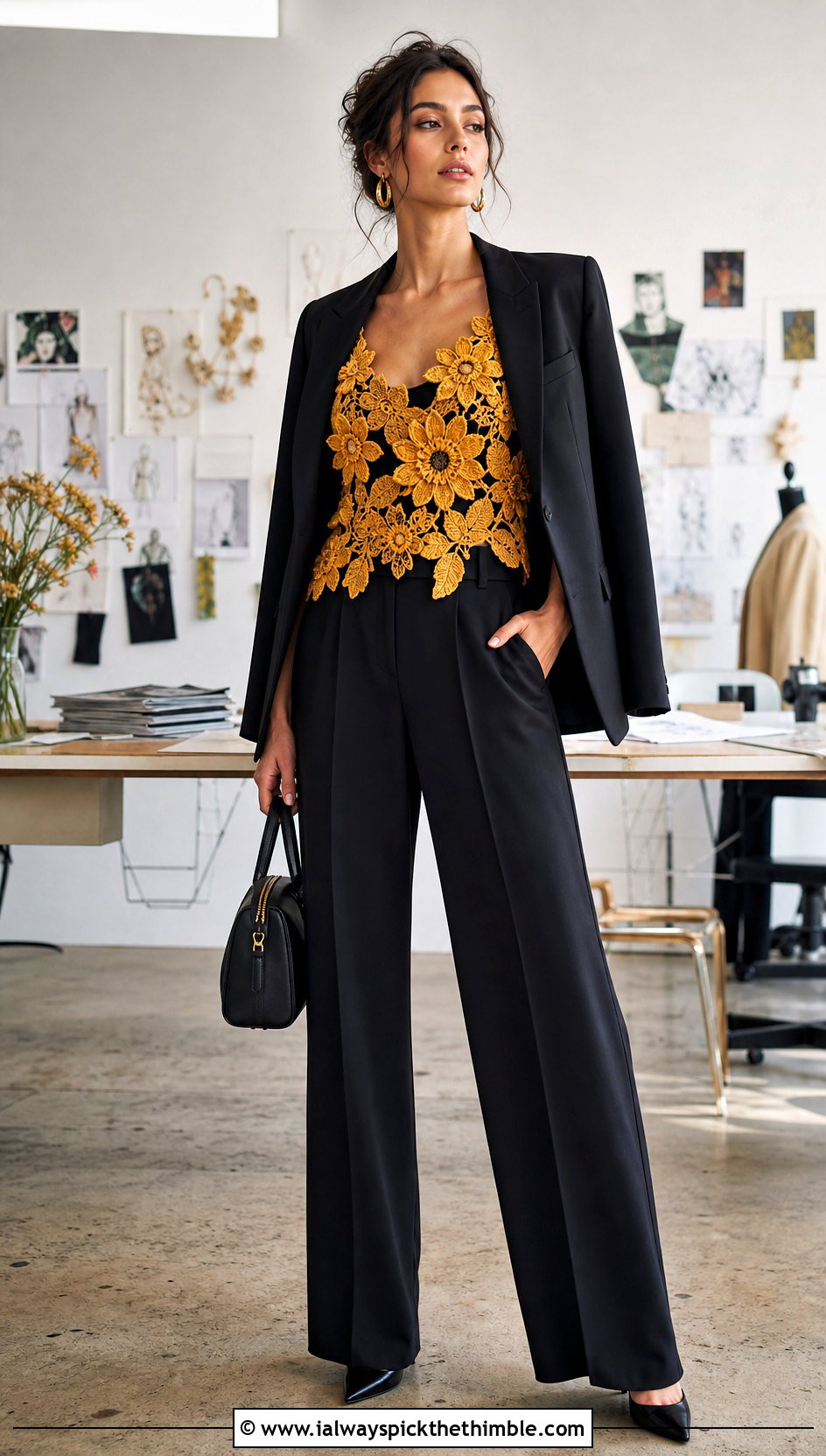 Floral Applique Crochet Top With Tailored Suit - 25 crochet layering top outfit ideas