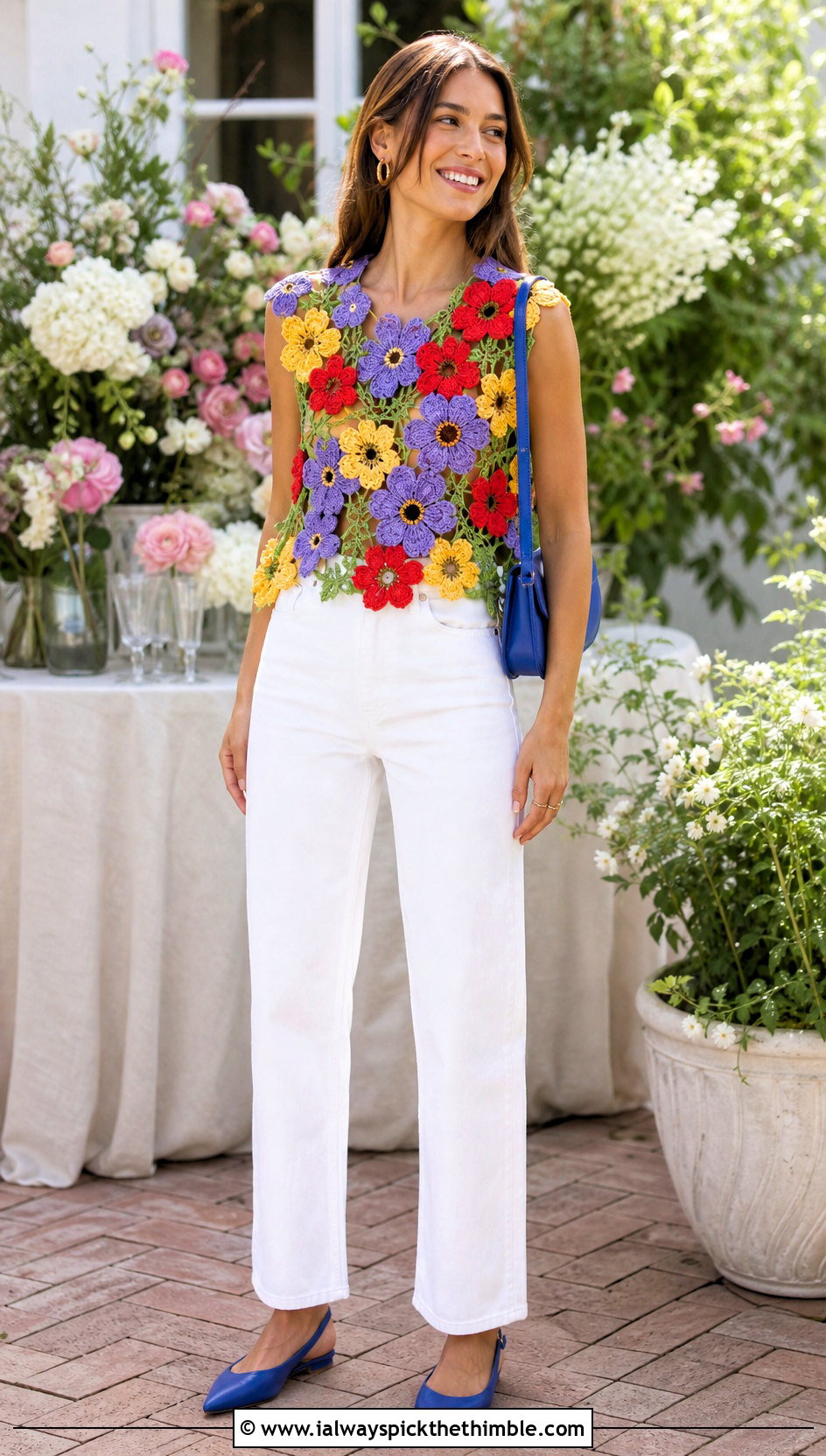 Floral Applique Crochet Top With White Jeans - 20 crochet top for outfit ideas