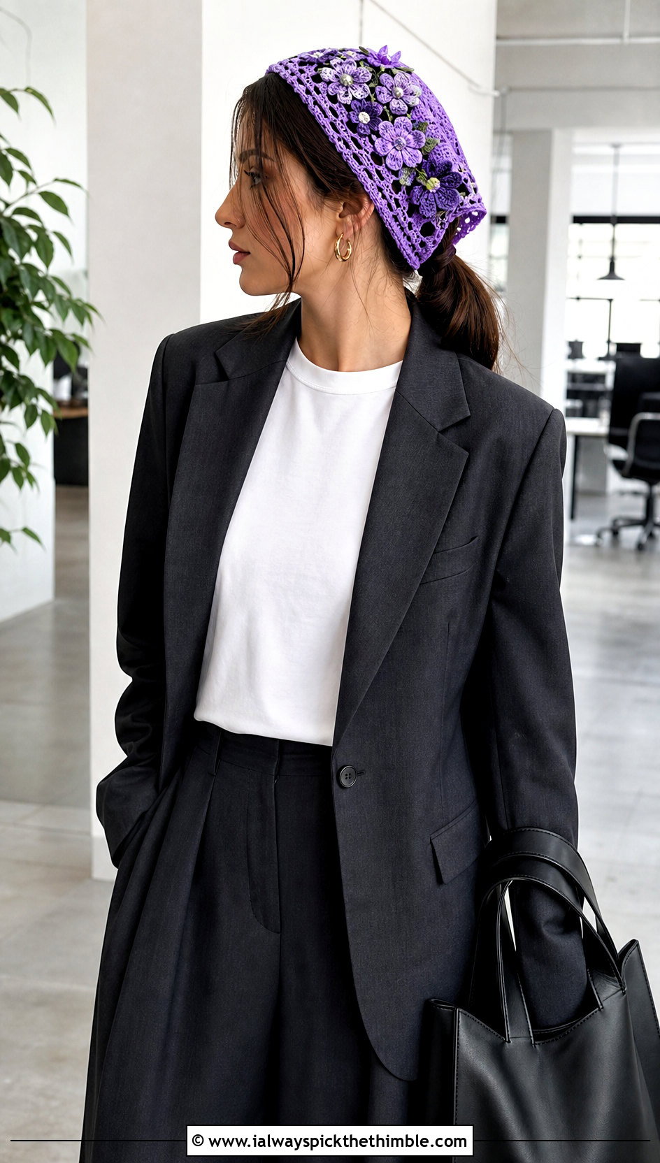 Floral Applique Crochet Triangle Hair Scarf With Blazer And Trousers - 20 crochet triangle hair scarf outfit ideas