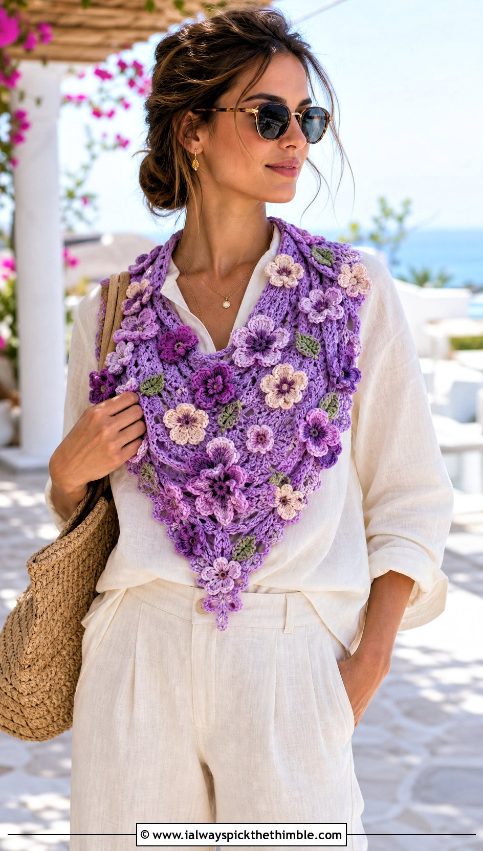 Floral Applique Crochet Triangle Scarf With Linen Shirt And Pants - 25 crochet triangle scarf outfit ideas