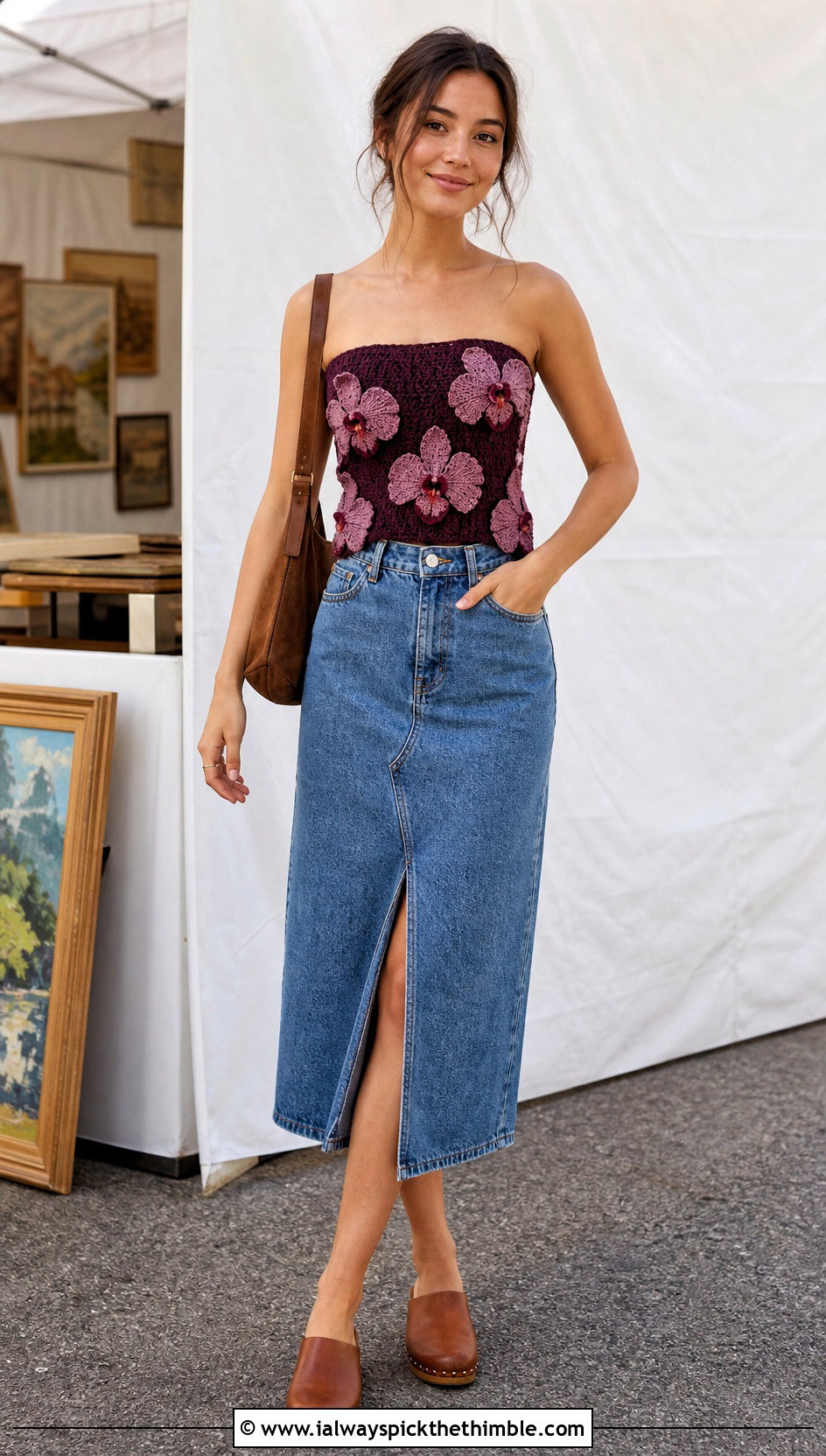 Floral Applique Crochet Tube Top With A Denim Midi Skirt - 25 crochet tube top outfit ideas