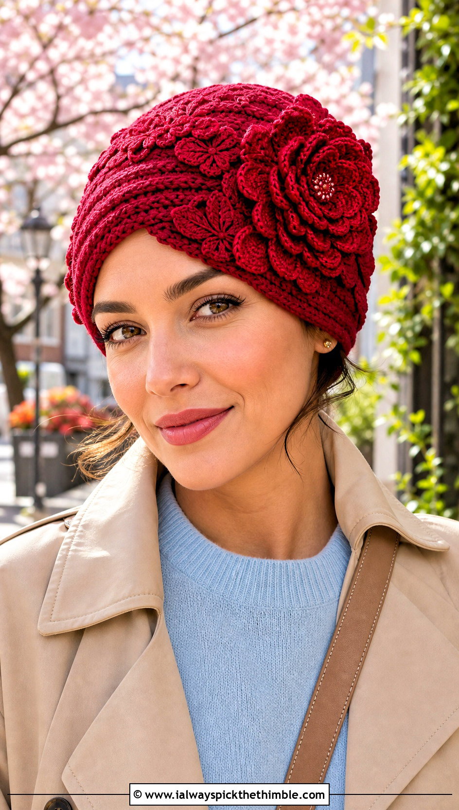 Floral Applique Crochet Turban Hat With Trench Coat - 25 crochet turban hat outfit ideas