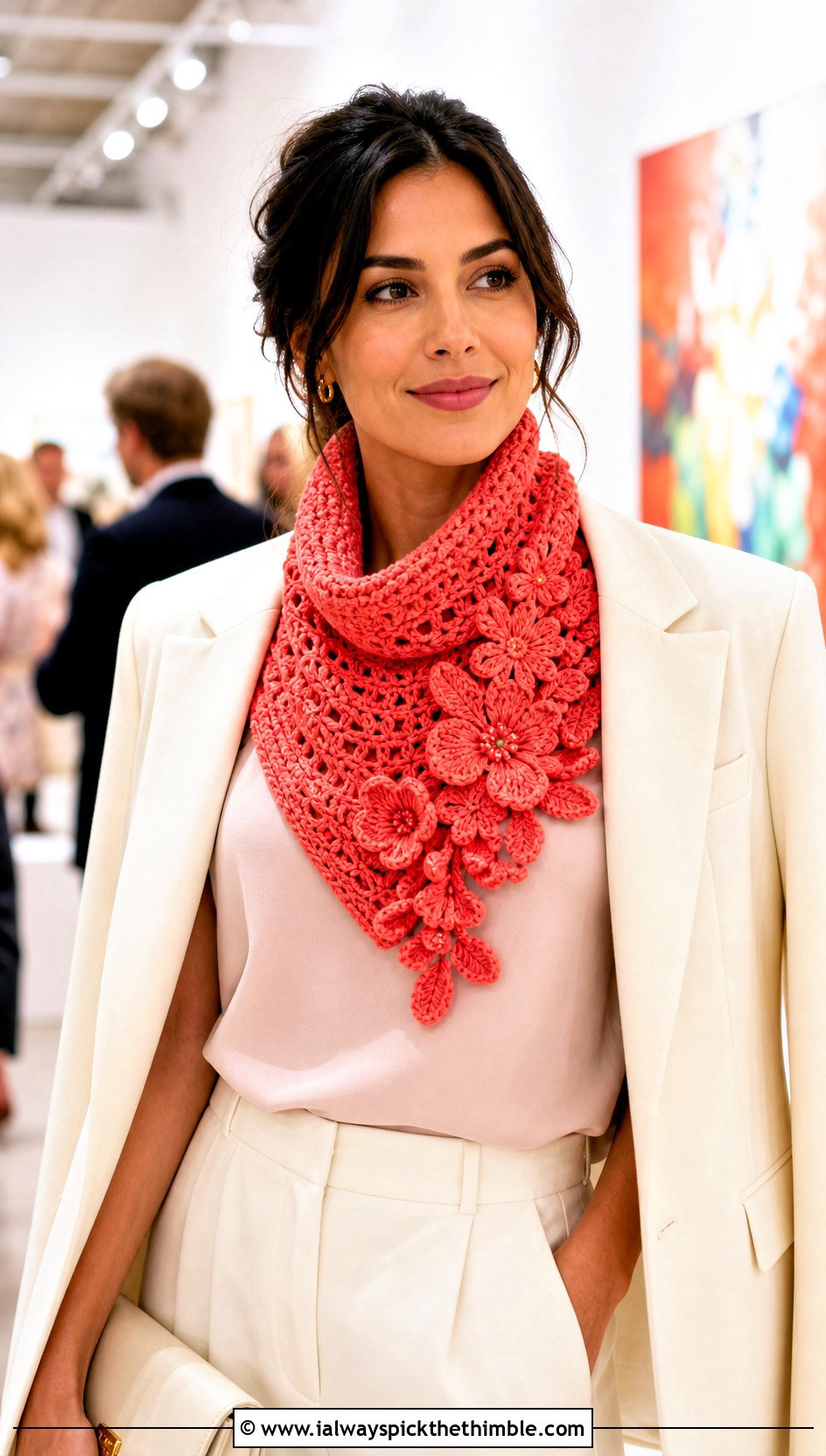 Floral Applique Crochet Turtleneck Cowl With Trouser Suit - 20 Crochet Turtleneck Cowl outfit ideas