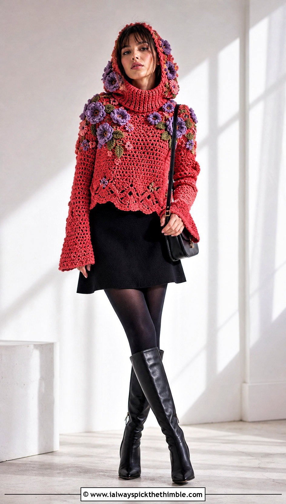 Floral Applique Crochet Turtleneck Hoodie With A Mini Skirt - 25 crochet turtleneck hoodie outfit ideas